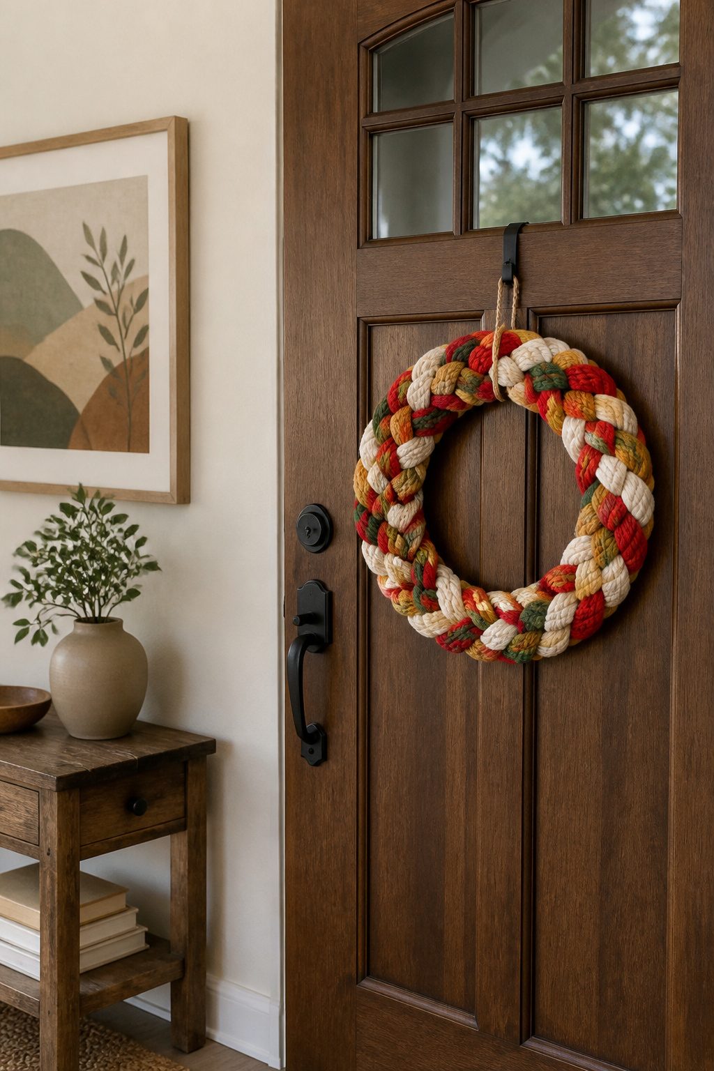 A wreath made from three-strand braids of colorful yarn.