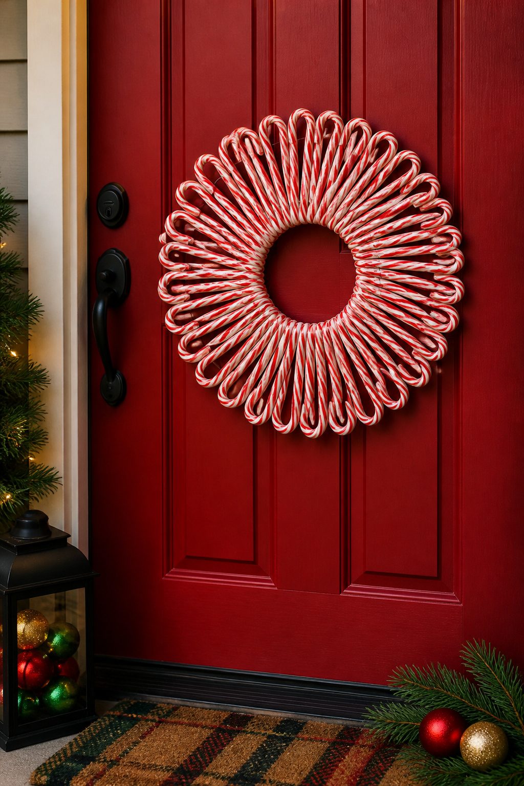 A wreath made from wired candy canes arranged in a circle.