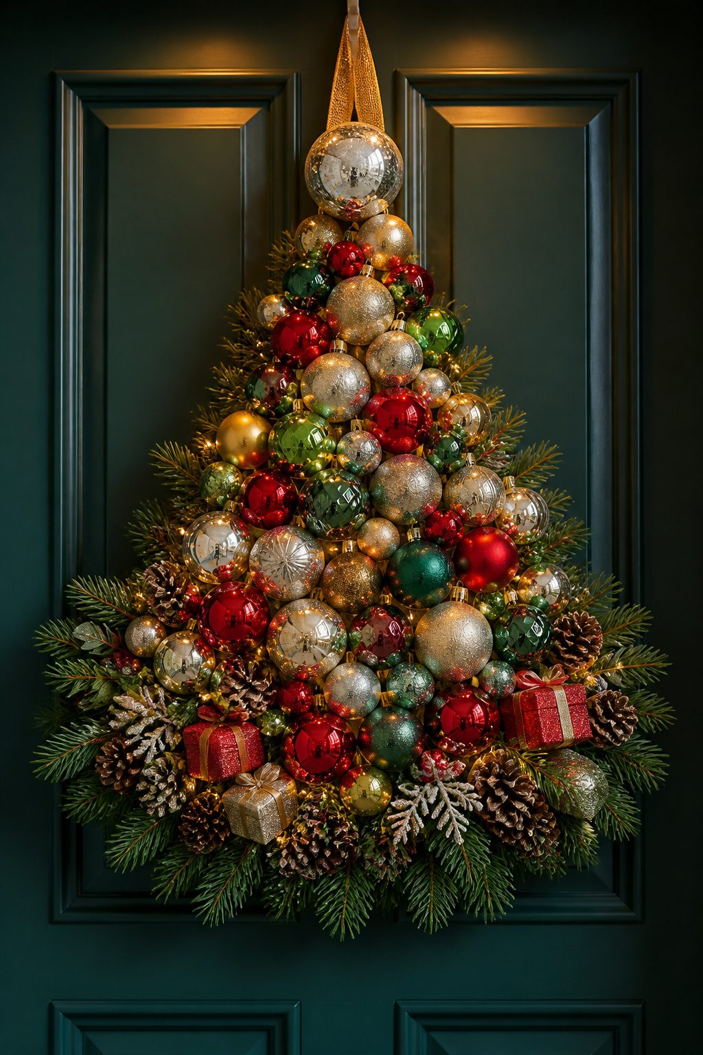A wreath designed to resemble a Christmas tree with ornaments.