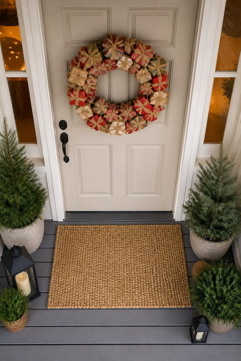 A wreath made from small wrapped foam-core gift boxes.