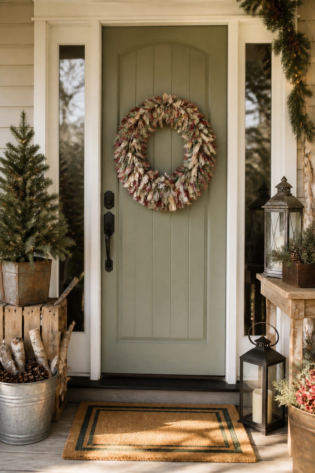 A wreath made from various fabric strips tied around a wire frame.