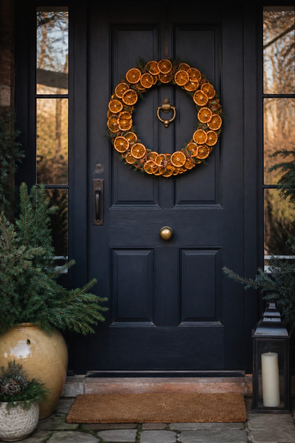 A wreath made from thinly sliced dried oranges on a grapevine frame.