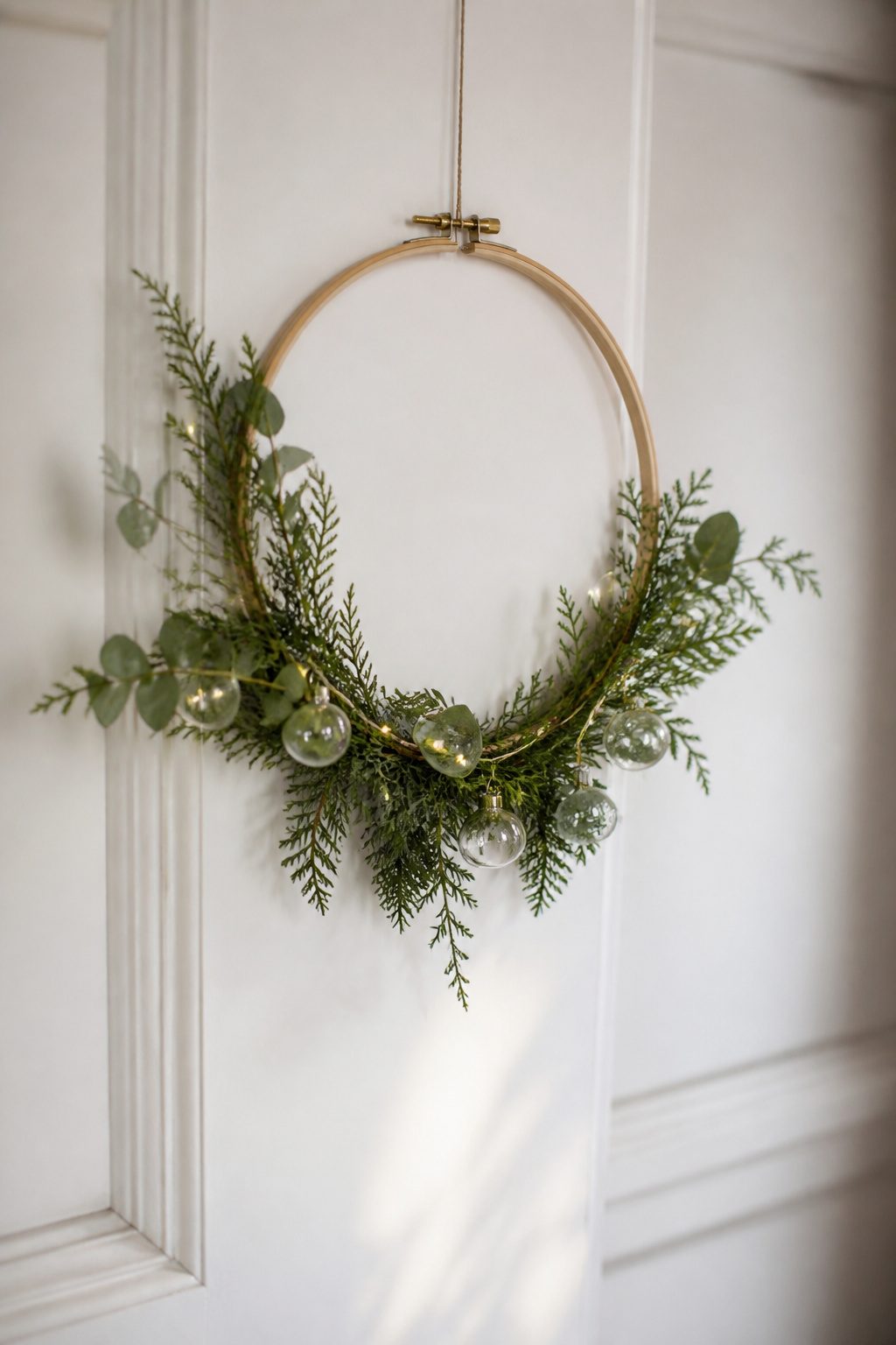 A wreath made from a wooden embroidery hoop and decorative elements.