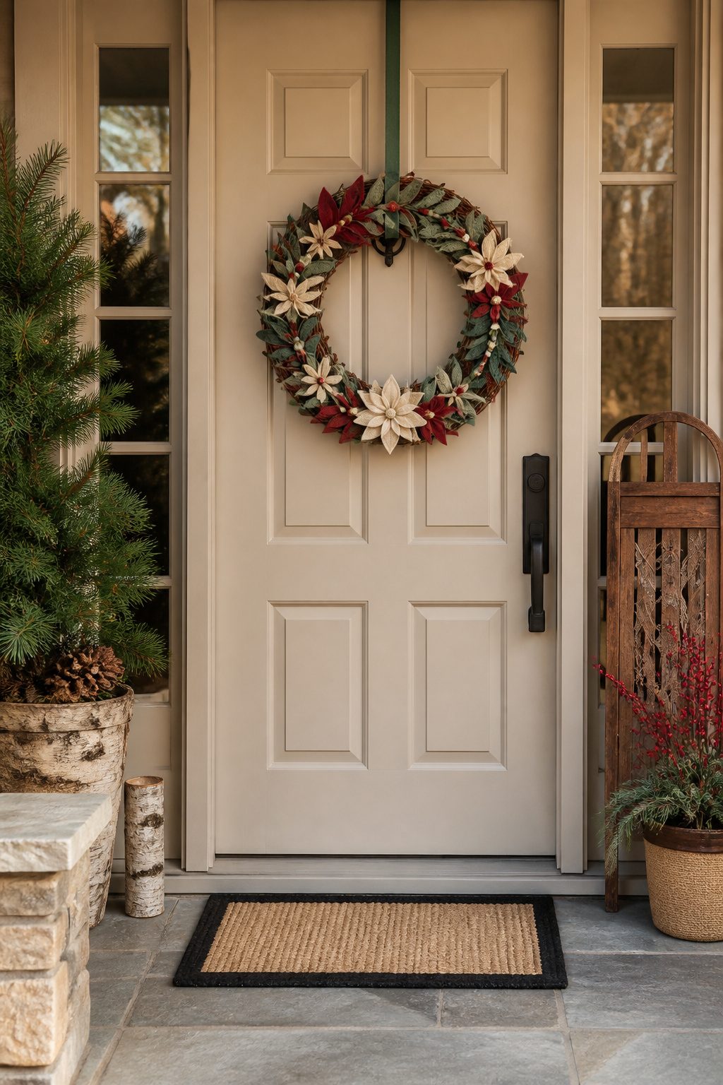 A wreath made of colorful felt shapes on a grapevine frame.