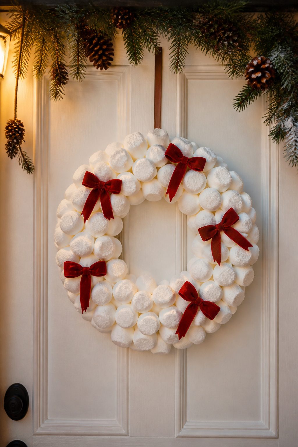 A wreath made of marshmallows dusted with fake snow.