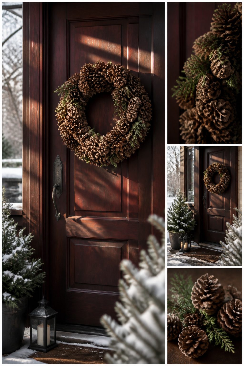 A wreath made from baked pinecones arranged on a frame.