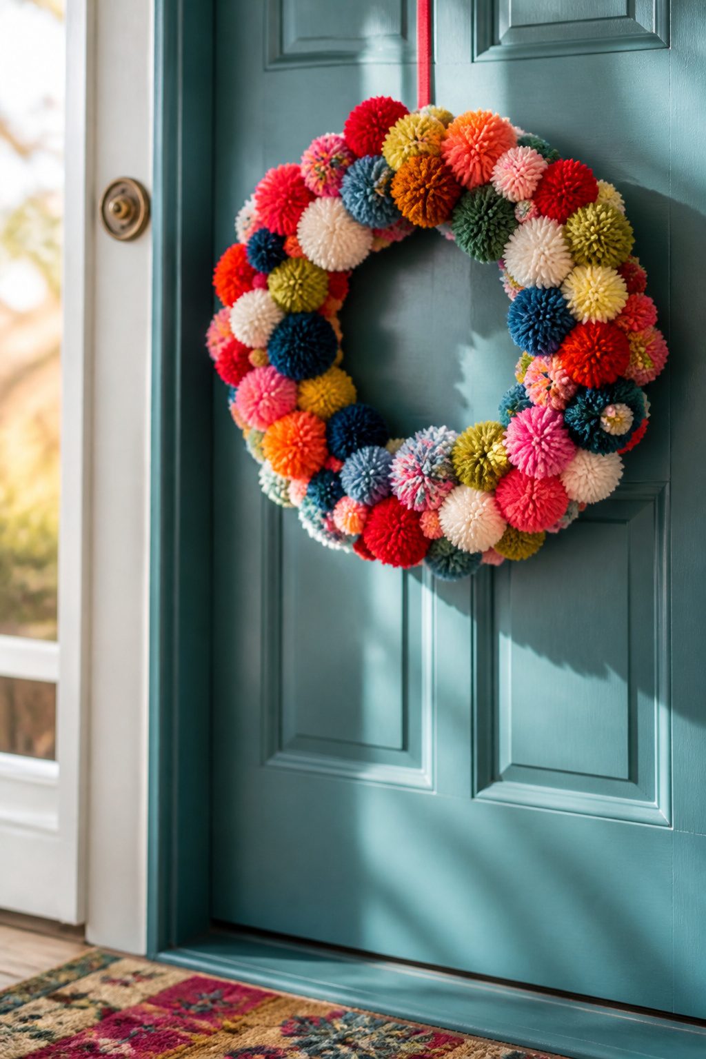 A wreath made from colorful yarn pom-poms of different sizes.