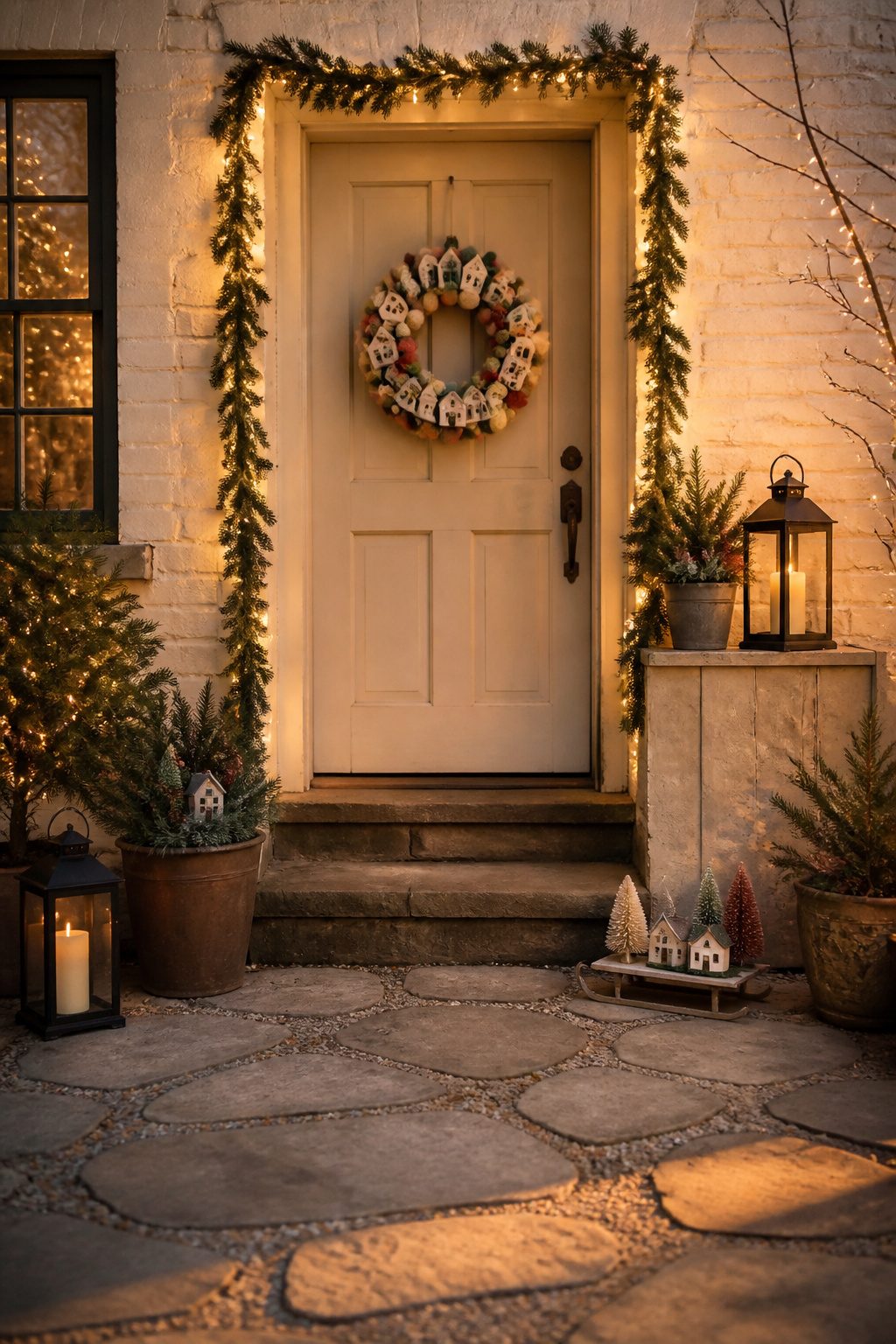A wreath featuring Putz village houses and yarn decorations.