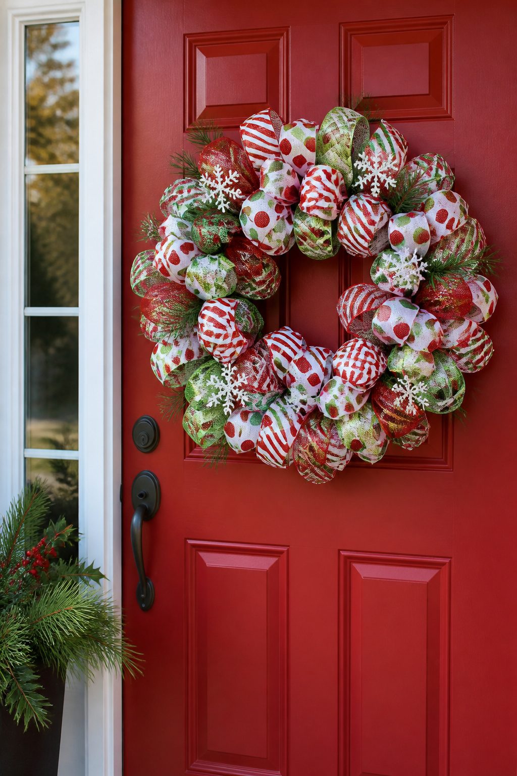 A wreath made of colorful wired ribbon resembling candy.