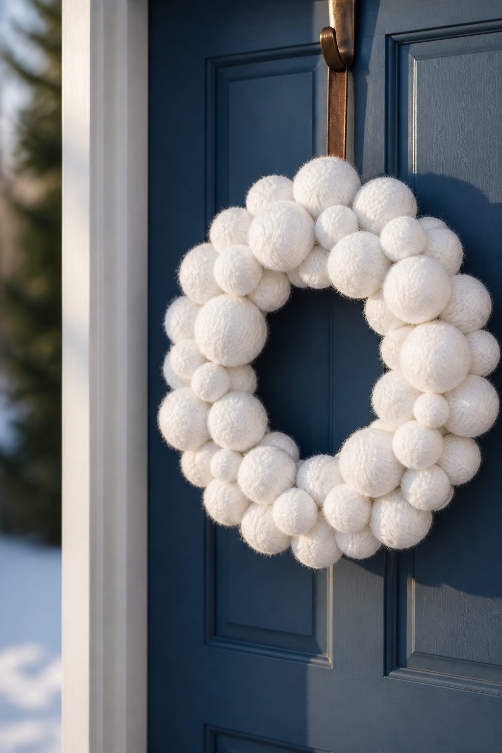 A wreath made of yarn-wrapped balls resembling snowballs.