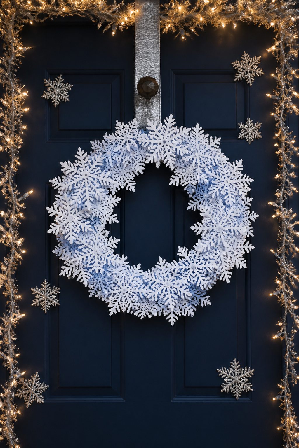 A wreath decorated with intricate paper snowflakes.