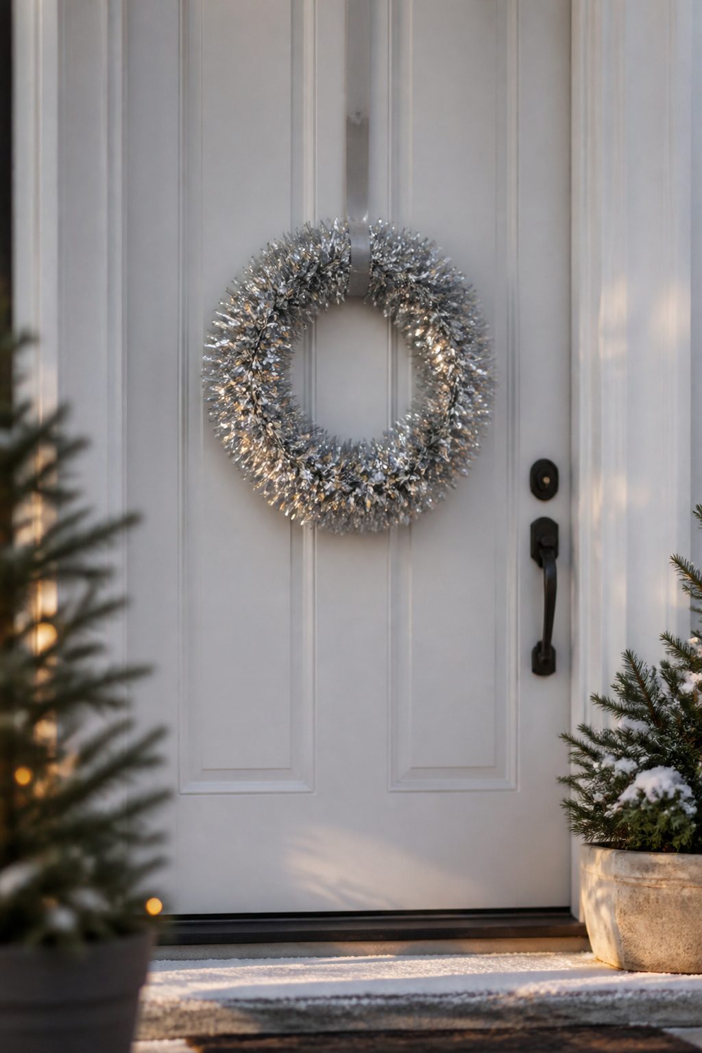 A wreath covered in shiny tinsel glittering under light.