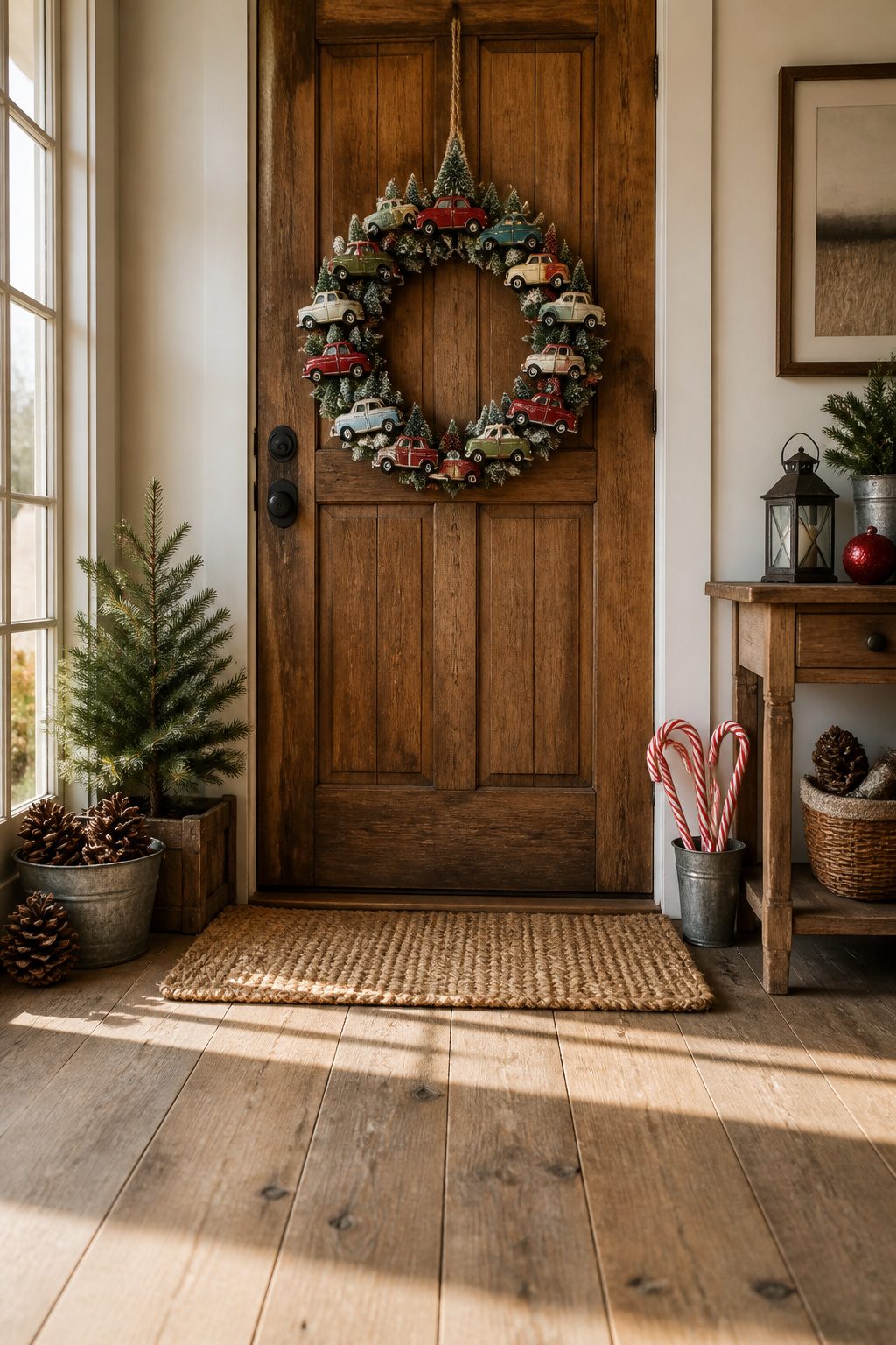 A wreath decorated with miniature metal cars and bottle brush trees.