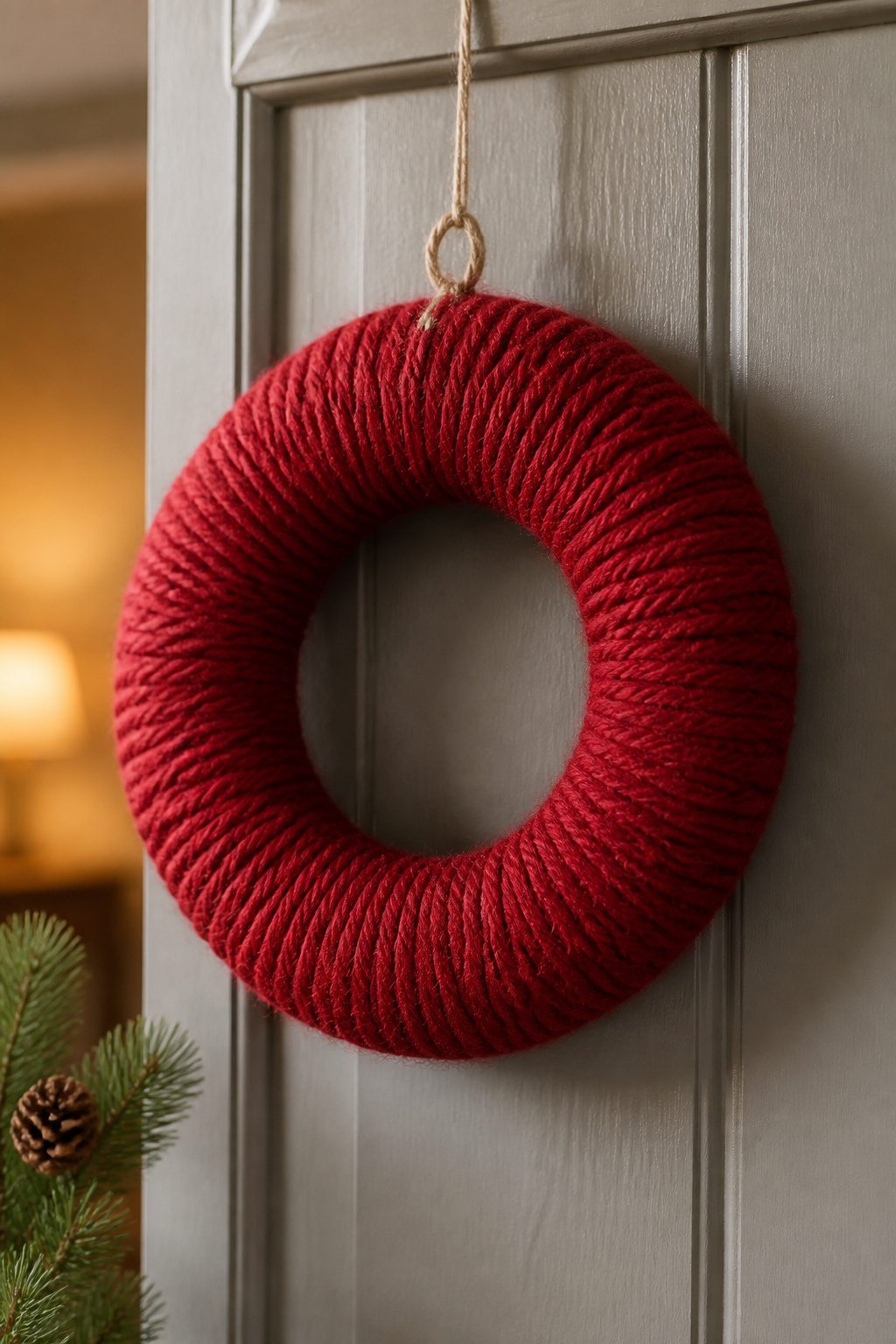 A wreath wrapped in bulky yarn on a foam base.