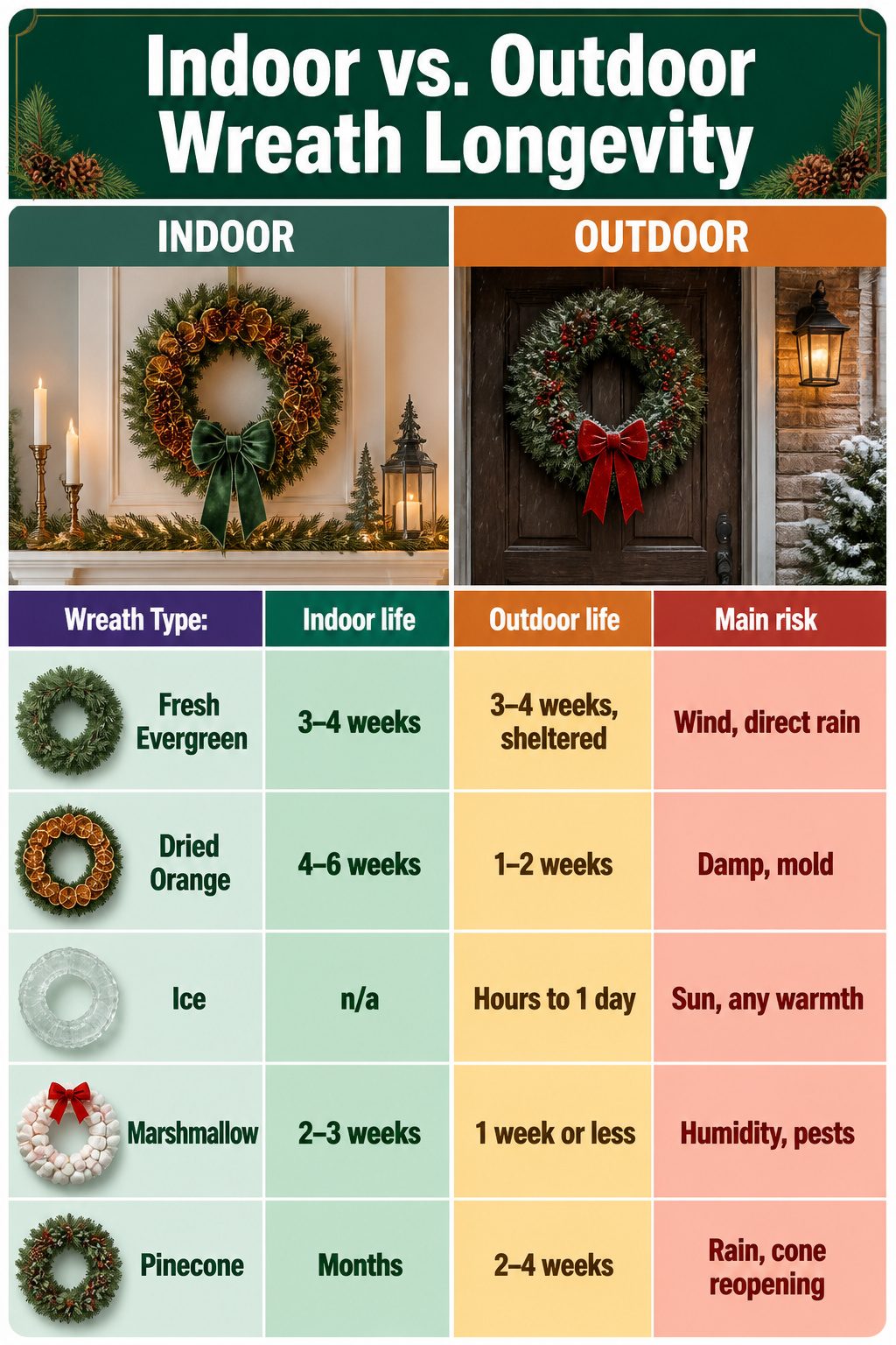 A comparison of indoor and outdoor wreath longevity.