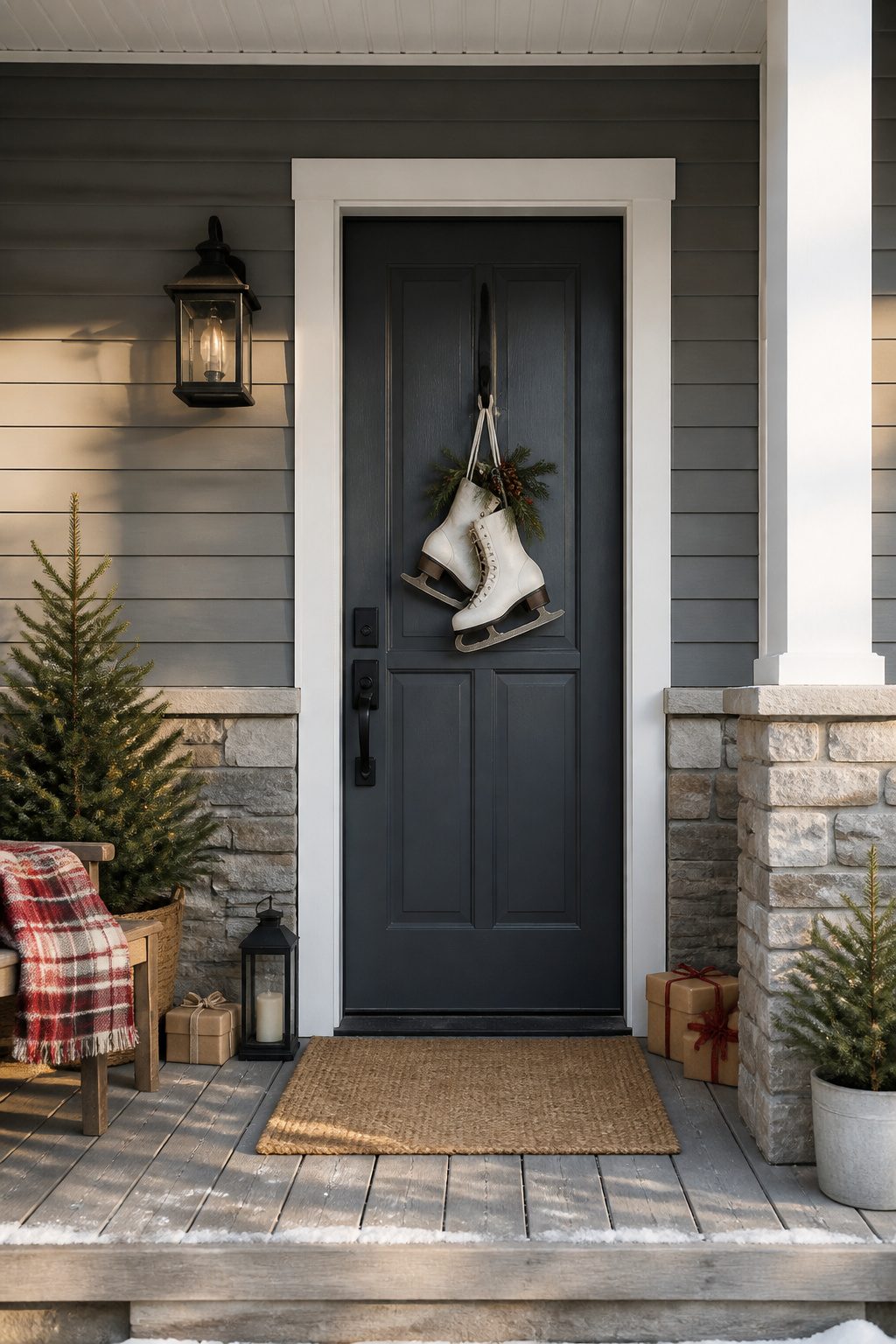 A wreath featuring vintage ice skates with decorative elements.