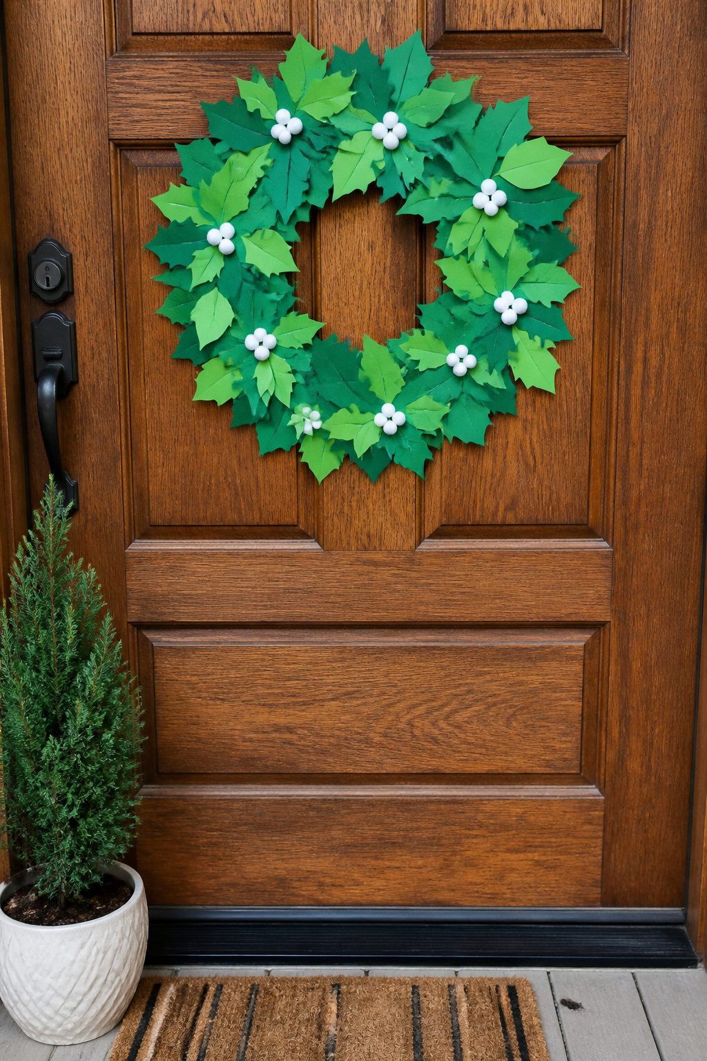 A wreath made of green construction paper with pom-poms.
