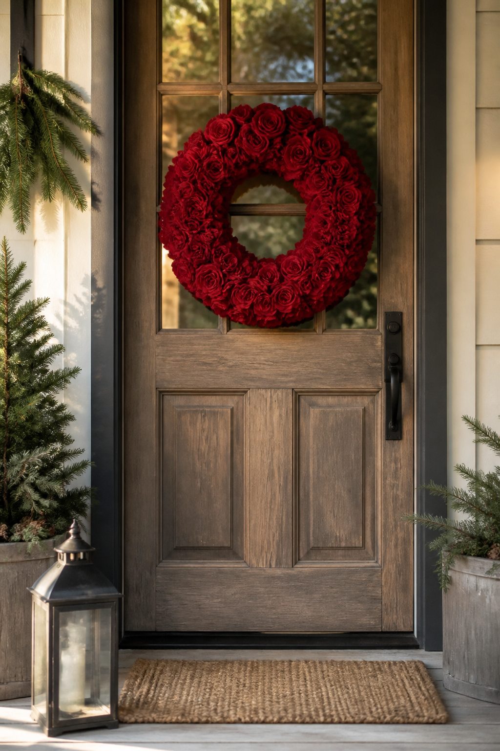 A wreath made of crimson paper roses on a grapevine frame.