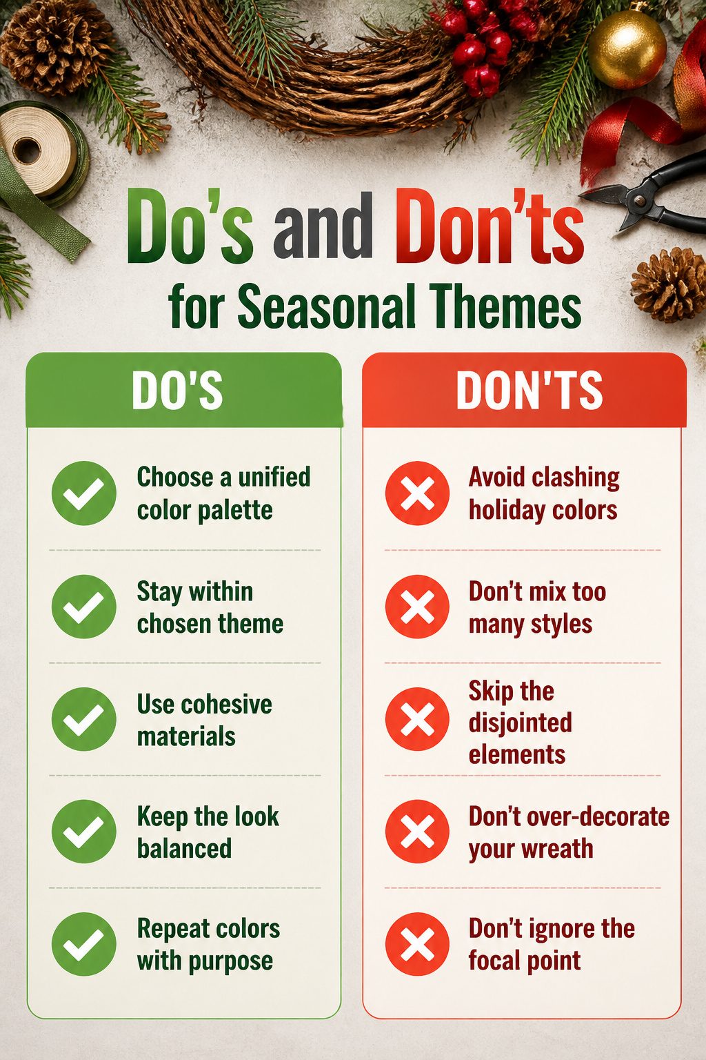A guide on do's and don'ts for seasonal wreath themes.