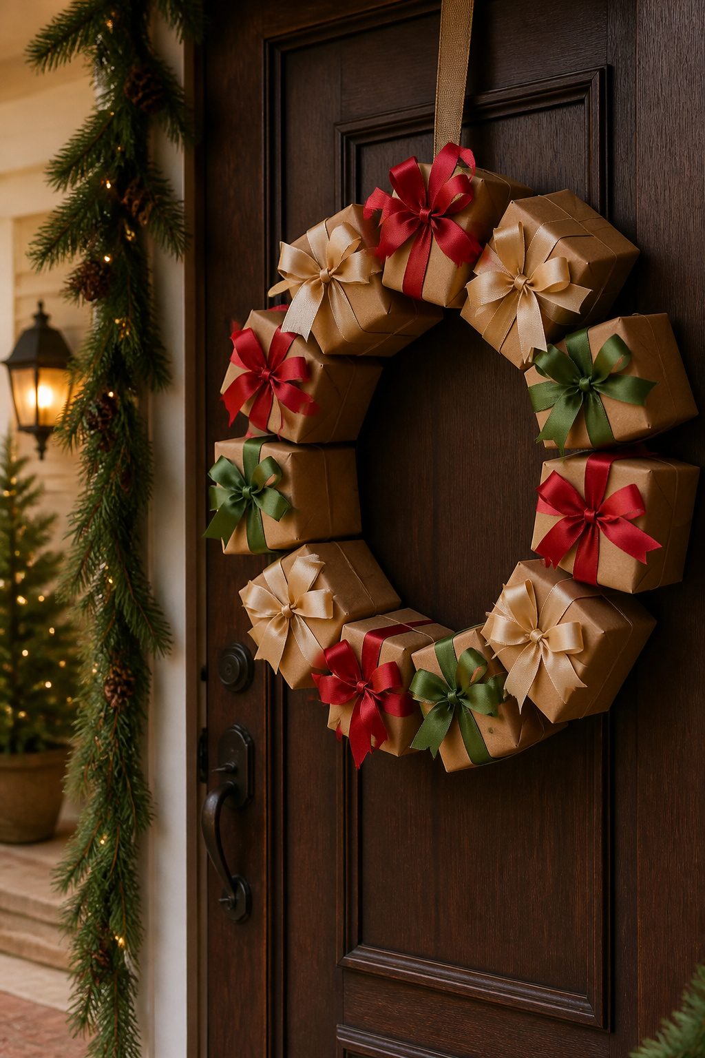 A wreath made from wrapped foam gift boxes in various colors.
