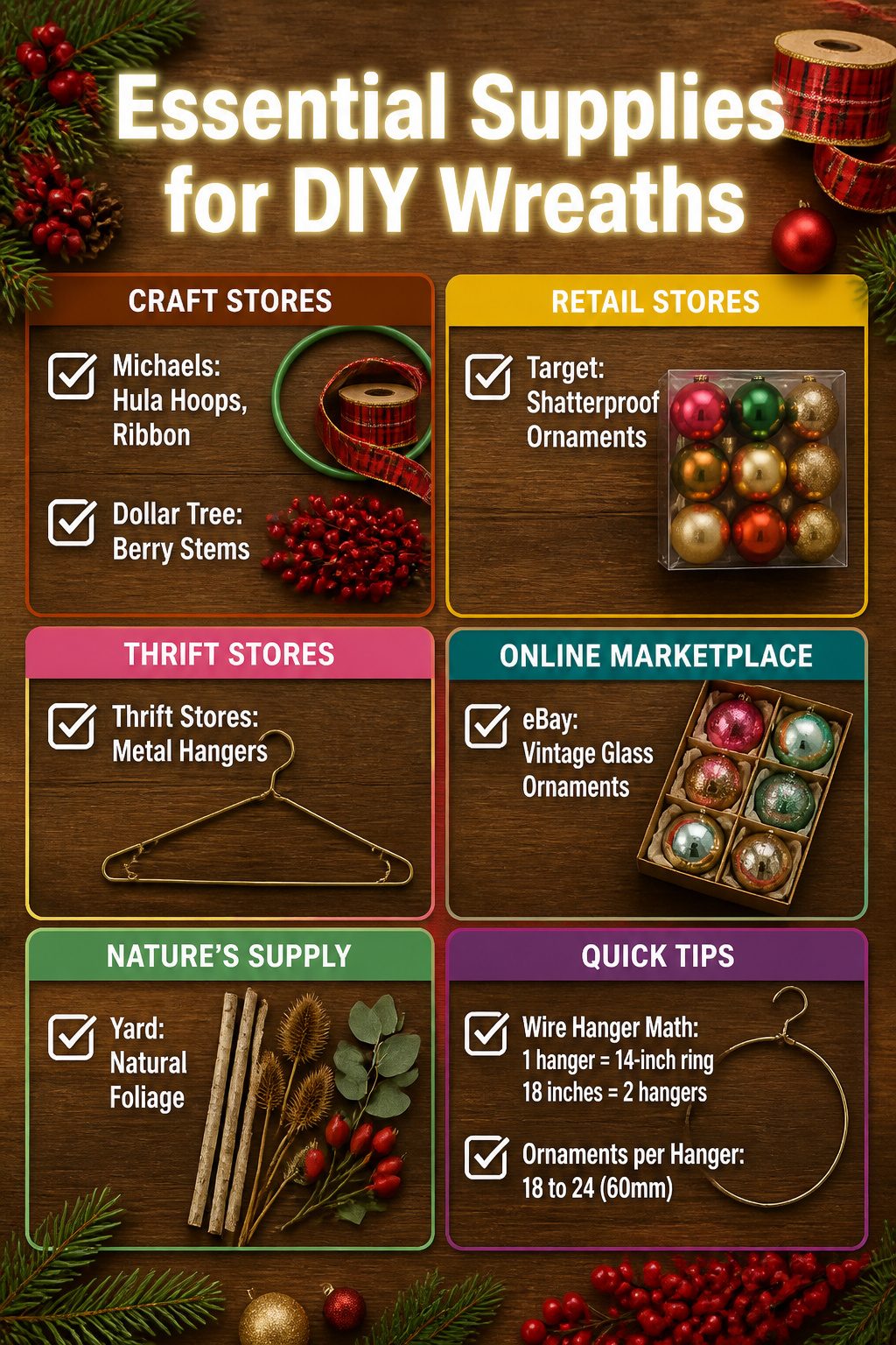 A collection of supplies needed for making DIY wreaths.