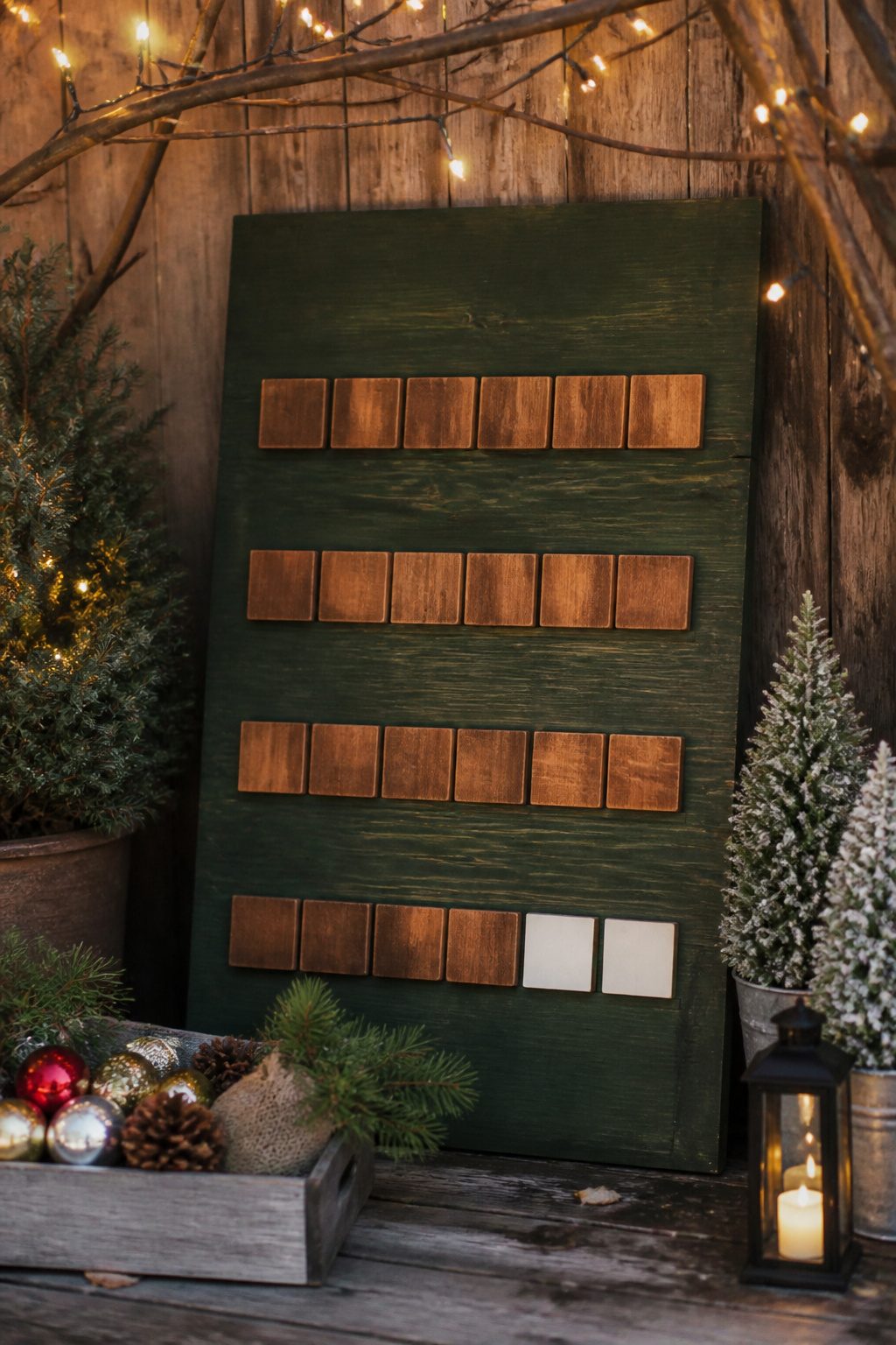 10 DIY Outdoor Christmas Decorations for 2026 9 Christmas countdown sign with wooden tiles set against a rustic fence.