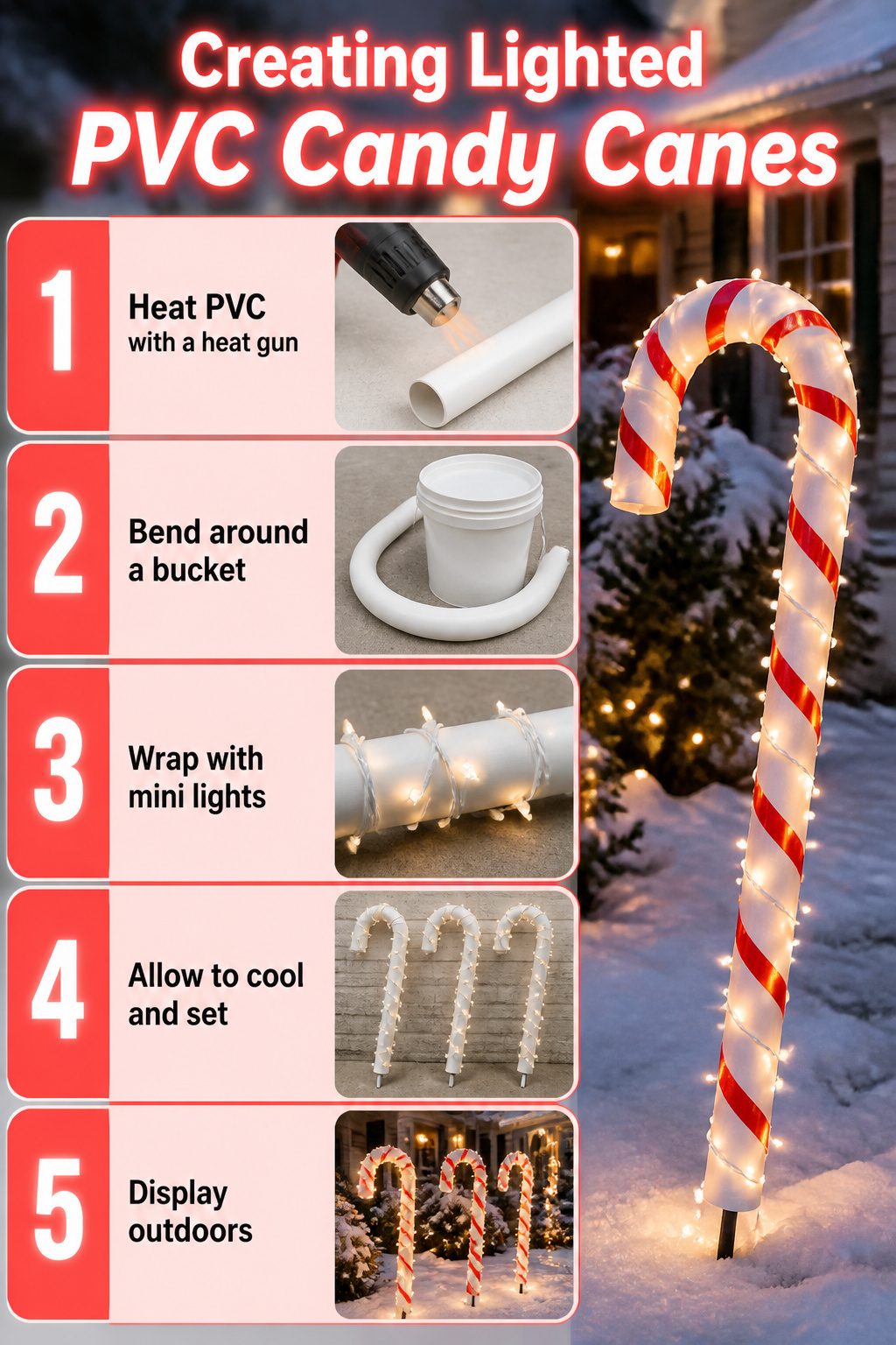10 DIY Outdoor Christmas Decorations for 2026 10 PVC candy canes bent and wrapped with lights for outdoor display.