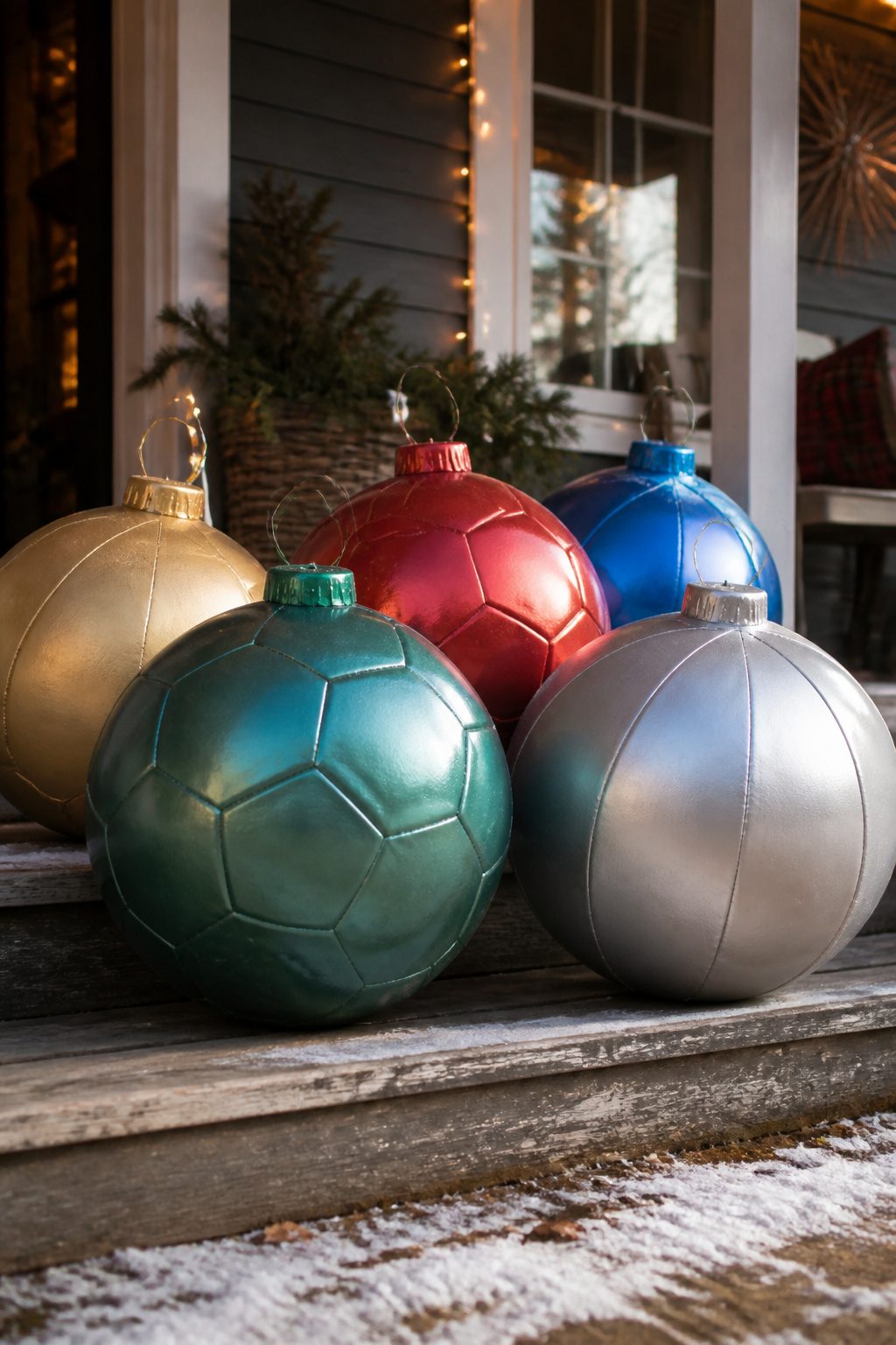 10 DIY Outdoor Christmas Decorations for 2026 1 Oversized Christmas ornaments made from painted sports balls and bottle caps.
