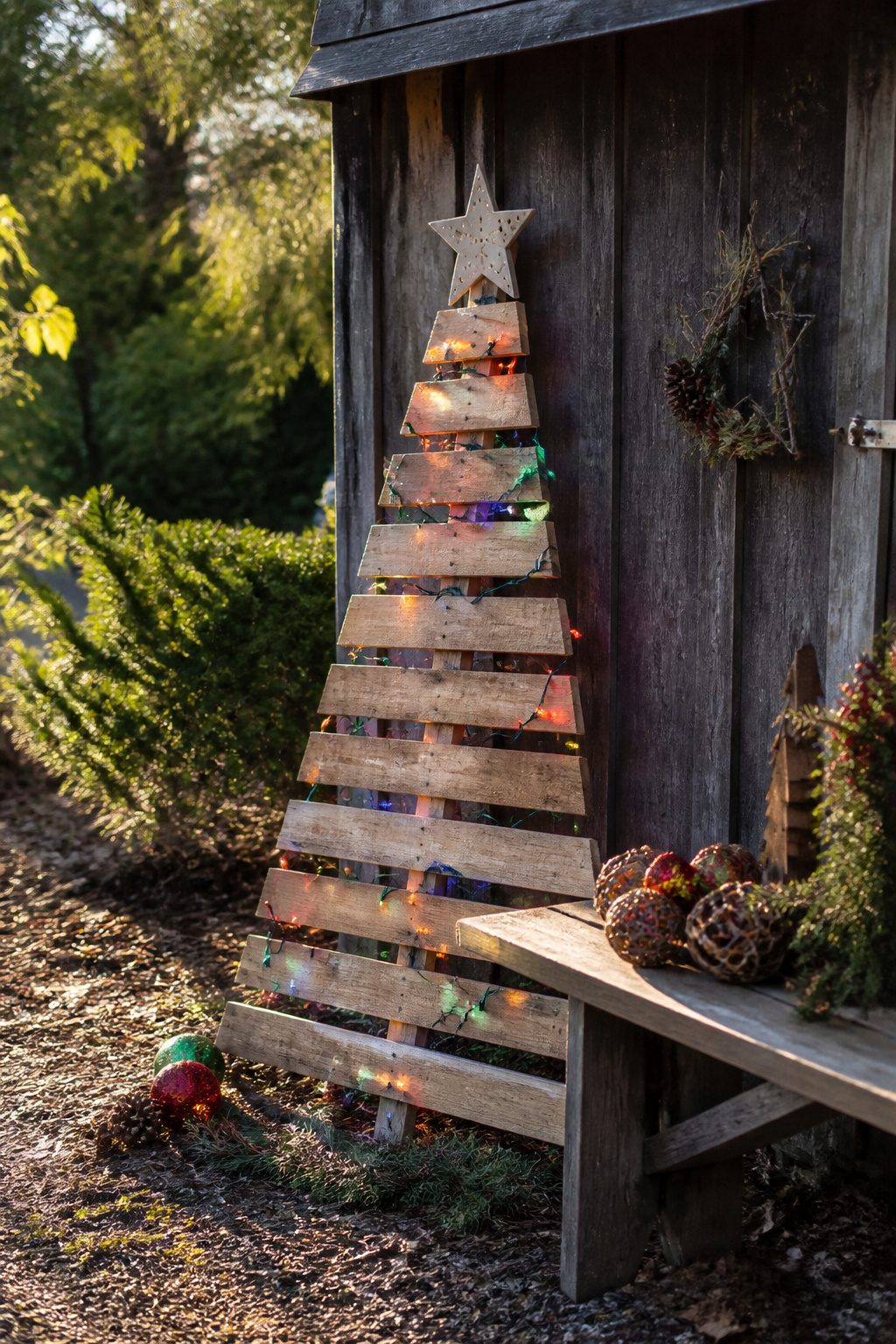 10 DIY Outdoor Christmas Decorations for 2026 4 DIY pallet Christmas tree decorated with lights and a star on top.