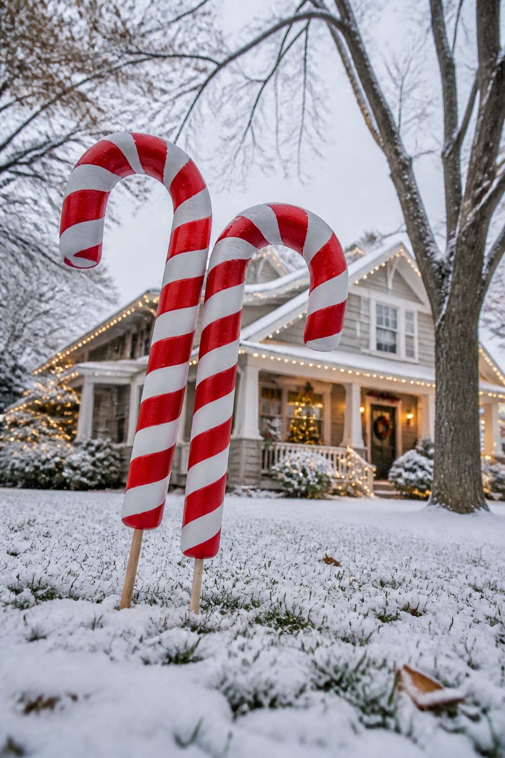 10 DIY Outdoor Christmas Decorations for 2026 5 DIY giant candy canes created using pool noodles and electrical tape.