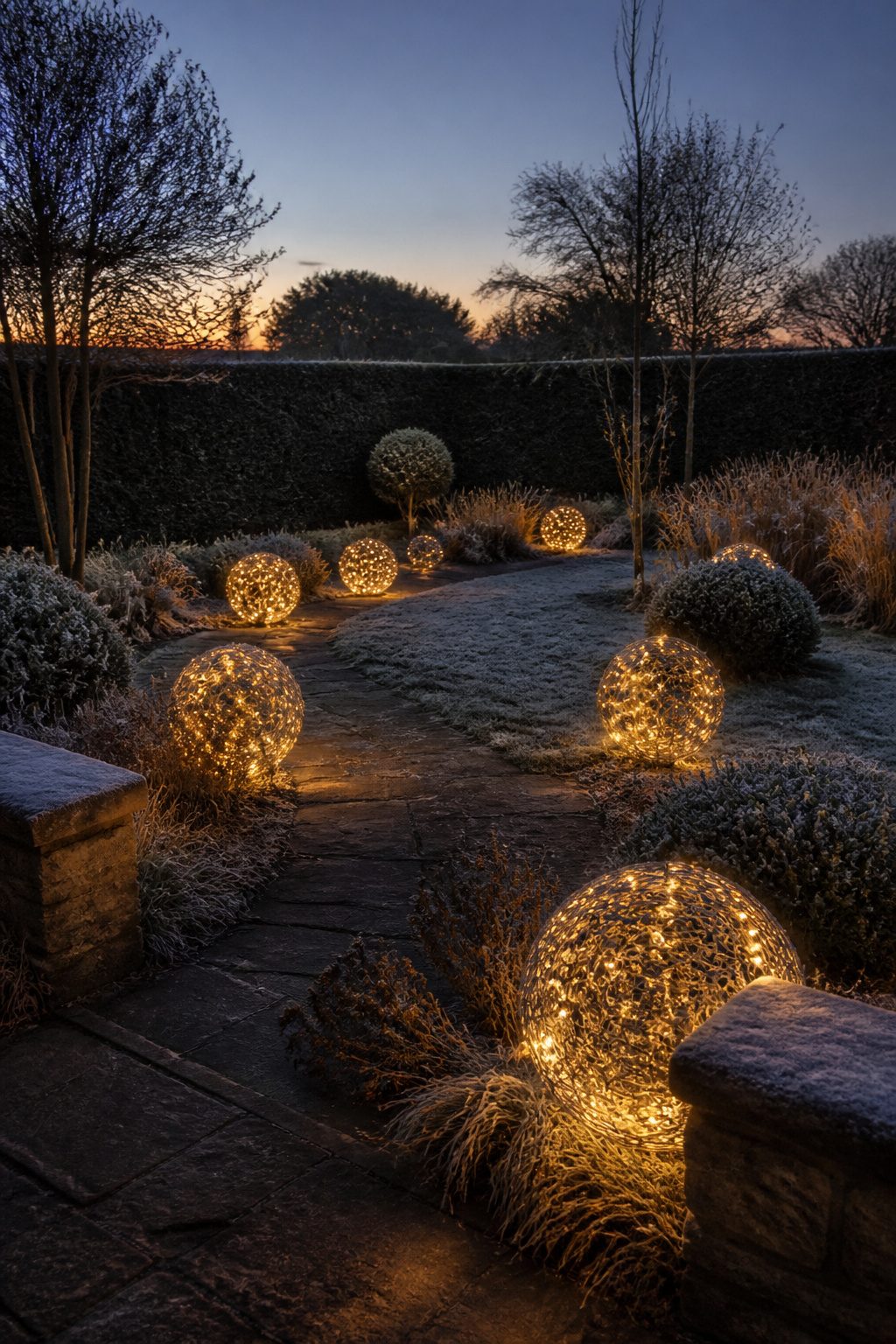 10 DIY Outdoor Christmas Decorations for 2026 6 Lighted orbs formed from chicken wire and wrapped with mini lights.
