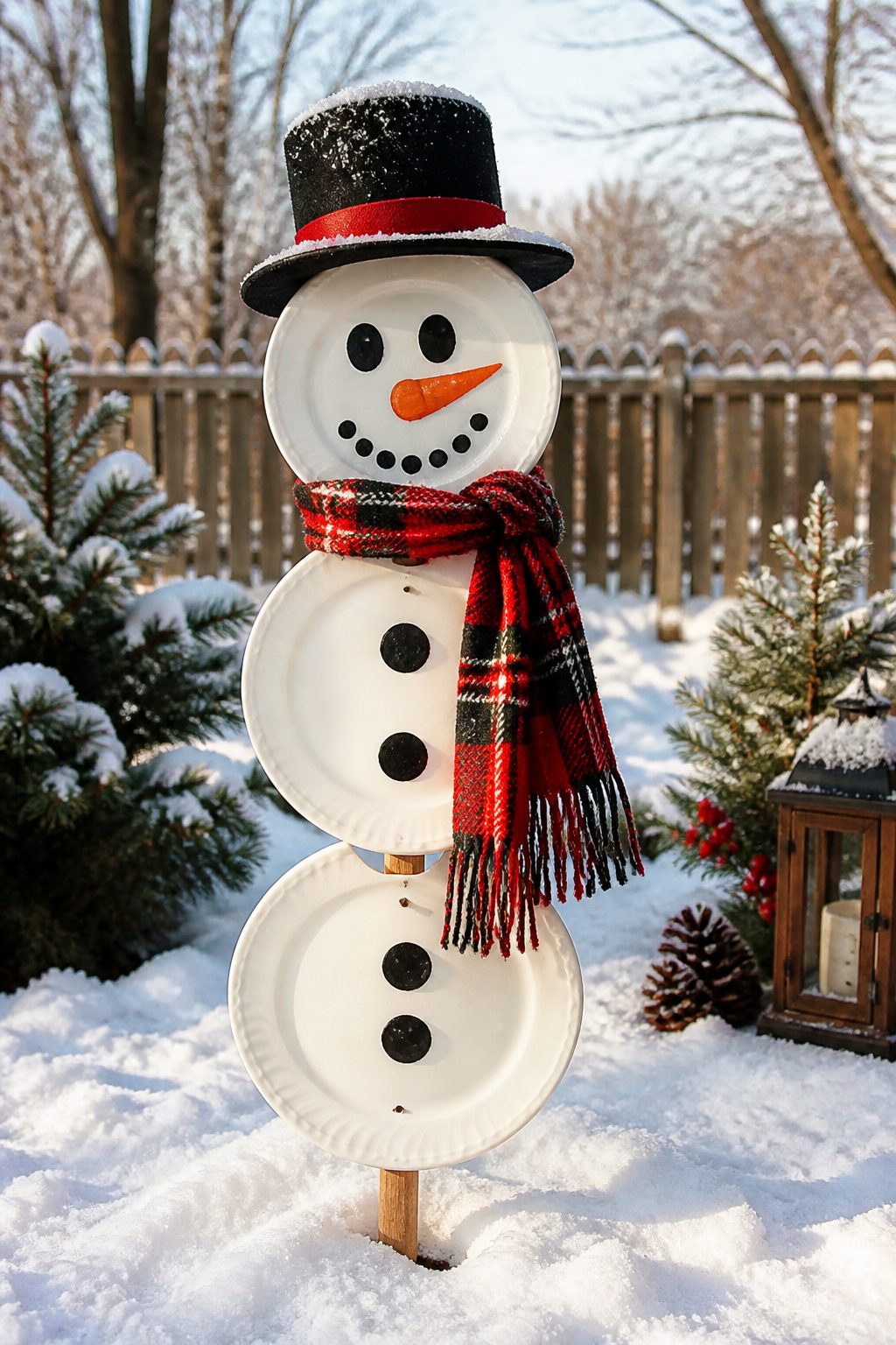 10 DIY Outdoor Christmas Decorations for 2026 7 Snowman made from stacked plates with a wooden dowel for stability.