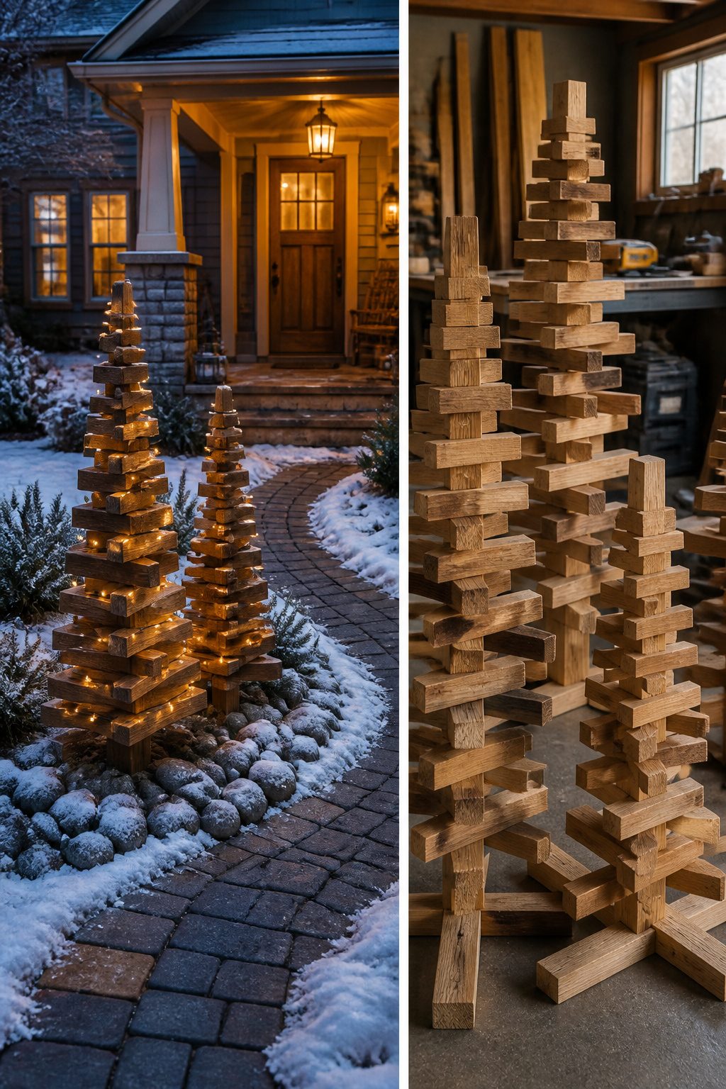 10 DIY Outdoor Christmas Decorations for 2026 2 DIY wooden Christmas trees crafted from scrap wood and illuminated with lights.