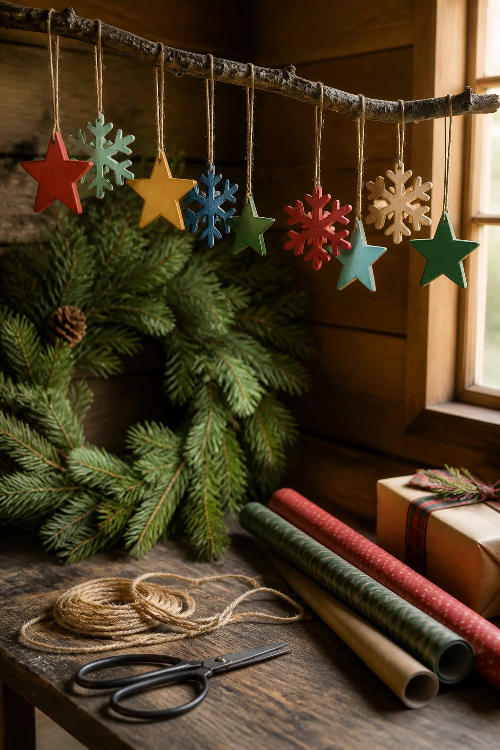 DIY Scrap Wood Christmas Projects for Decor and Gifts 2 Wooden ornaments in various shapes and colors hanging from a branch.