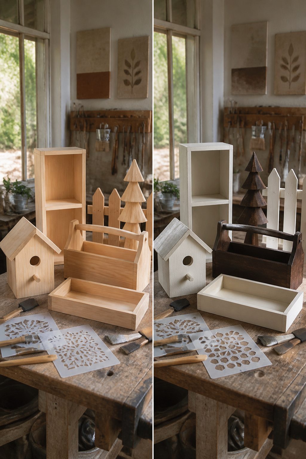 DIY Scrap Wood Christmas Projects for Decor and Gifts 12 Different paint colors and stencils for customizing wood projects.