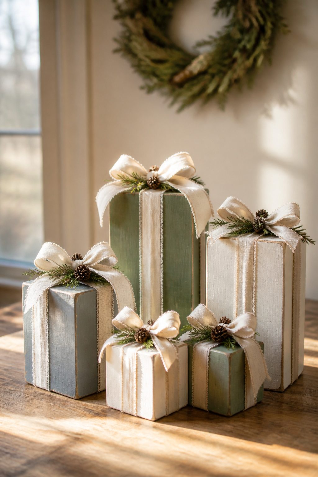 DIY Scrap Wood Christmas Projects for Decor and Gifts 6 Small wooden gift boxes decorated with ribbon.