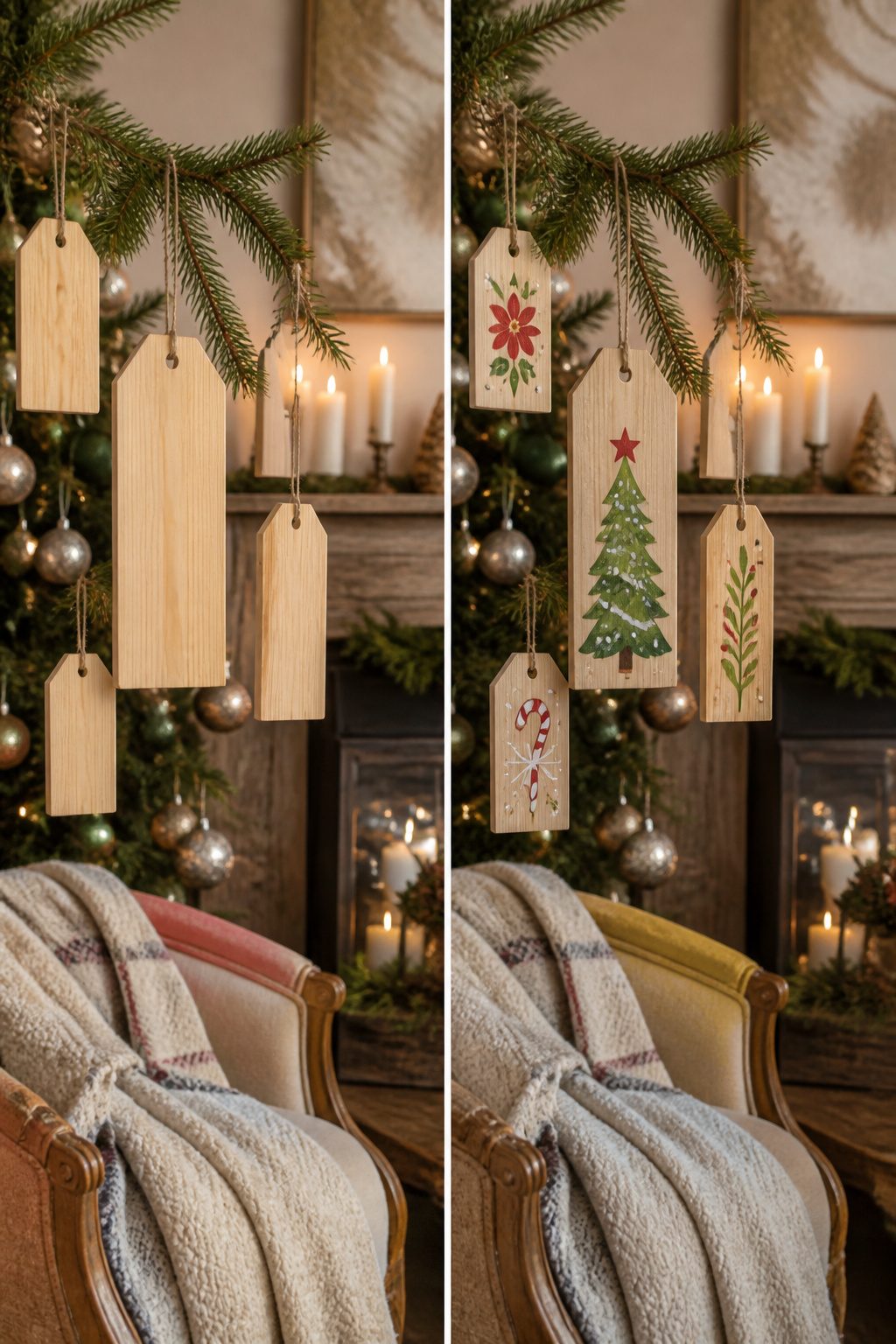 DIY Scrap Wood Christmas Projects for Decor and Gifts 10 Large wooden gift tags with names painted on them.