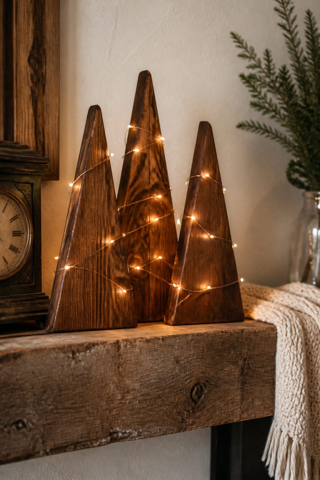 DIY Scrap Wood Christmas Projects for Decor and Gifts 1 Christmas trees crafted from scrap wood on a table.