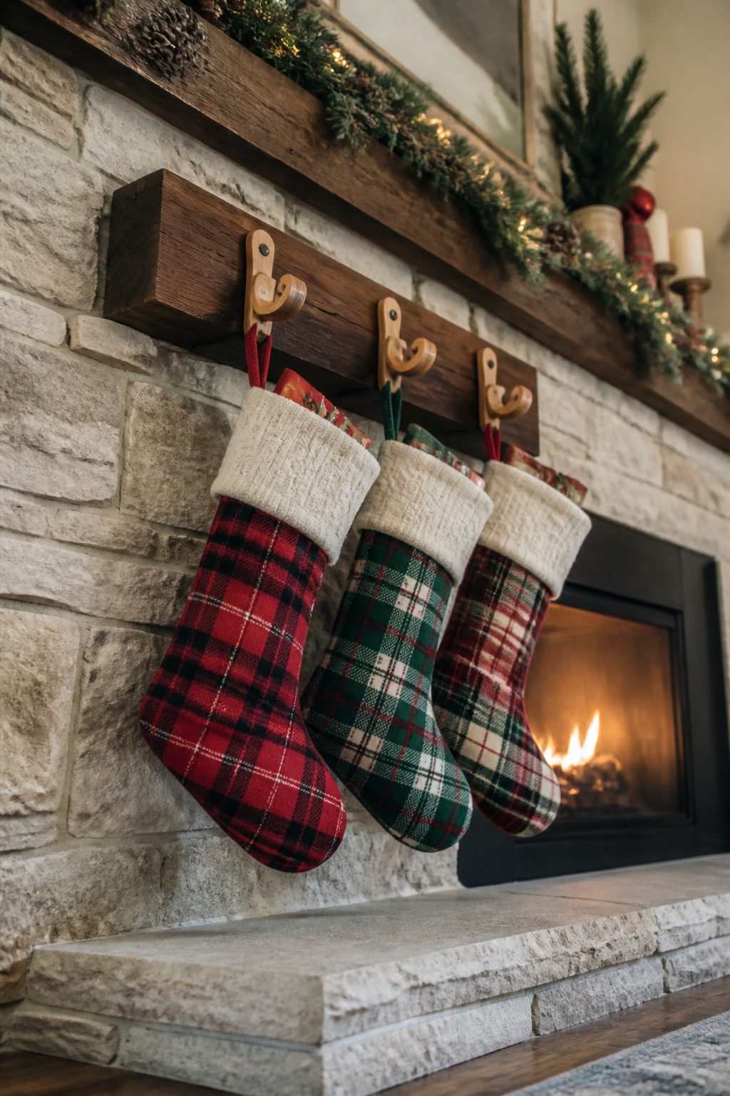 DIY Scrap Wood Christmas Projects for Decor and Gifts 8 Wooden stocking holders built from stacked 2x4 offcuts.