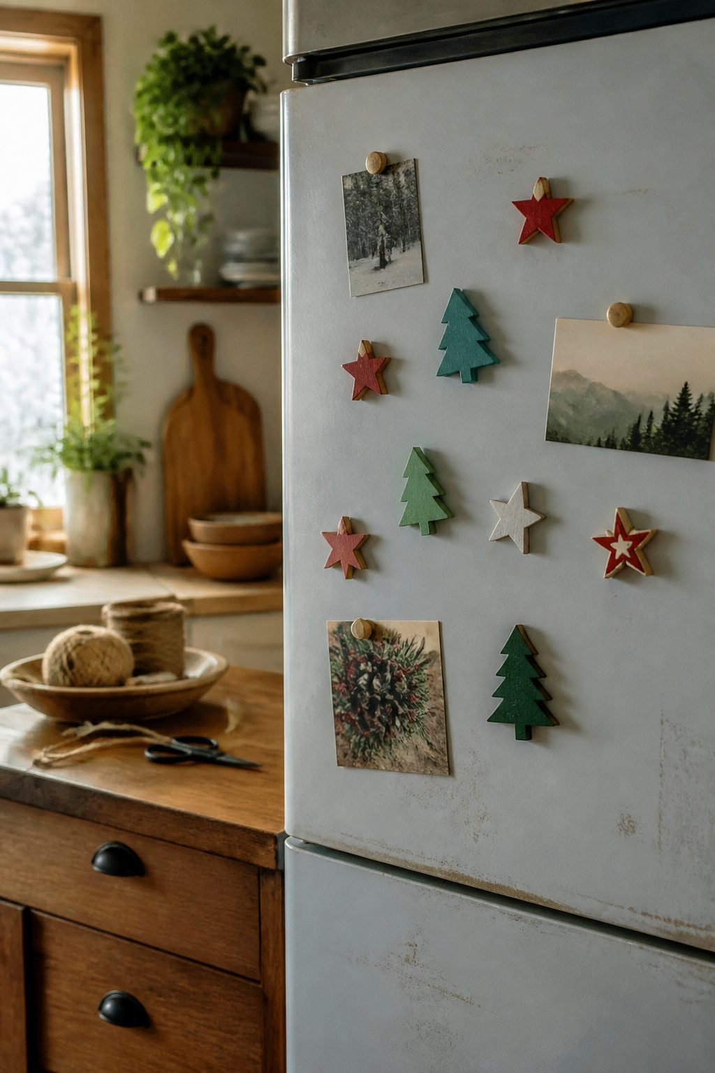 DIY Scrap Wood Christmas Projects for Decor and Gifts 7 Colorful wooden magnets shaped like Christmas trees and stars on a fridge.