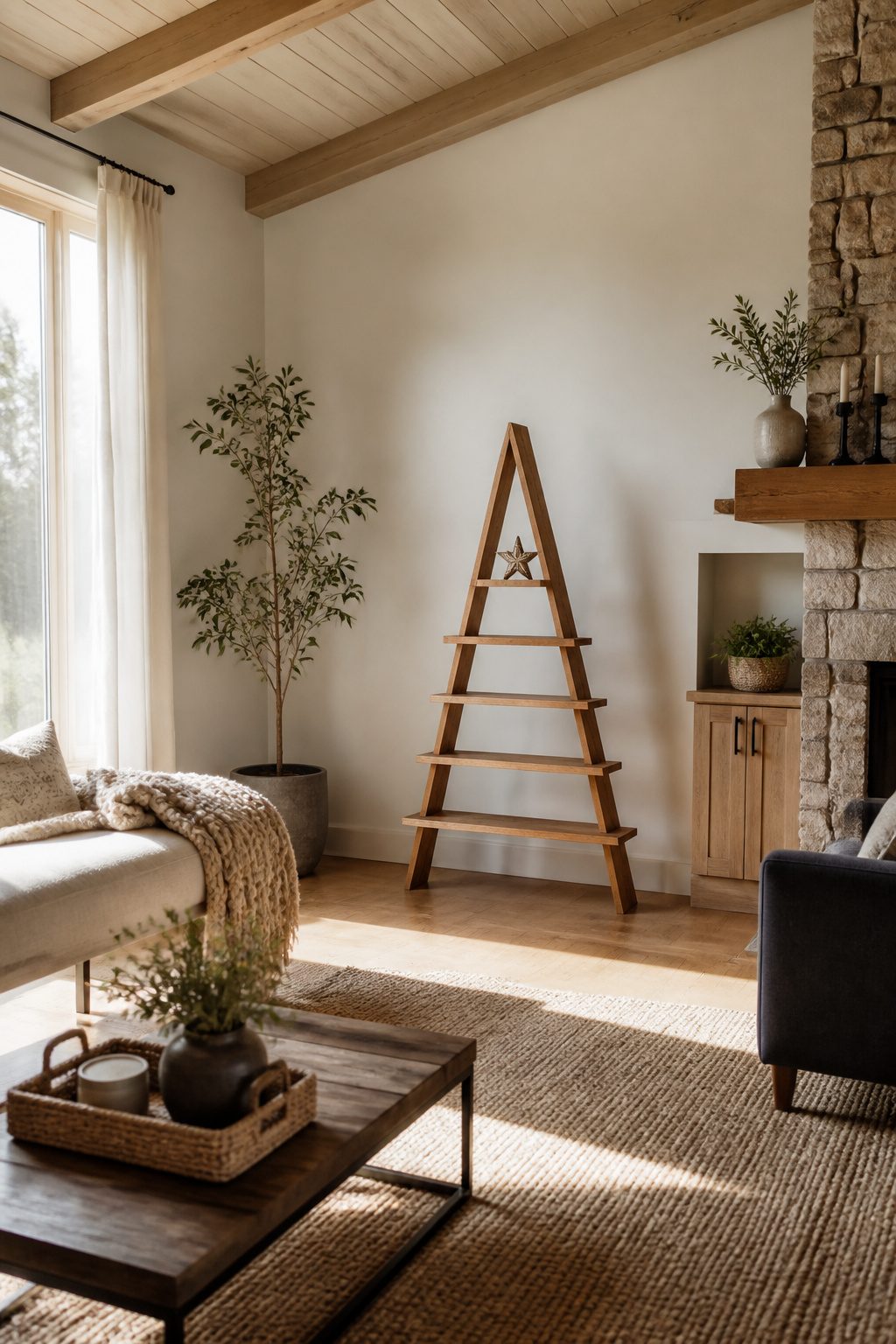 Collapsible wooden Christmas tree shelf with graduated shelves.