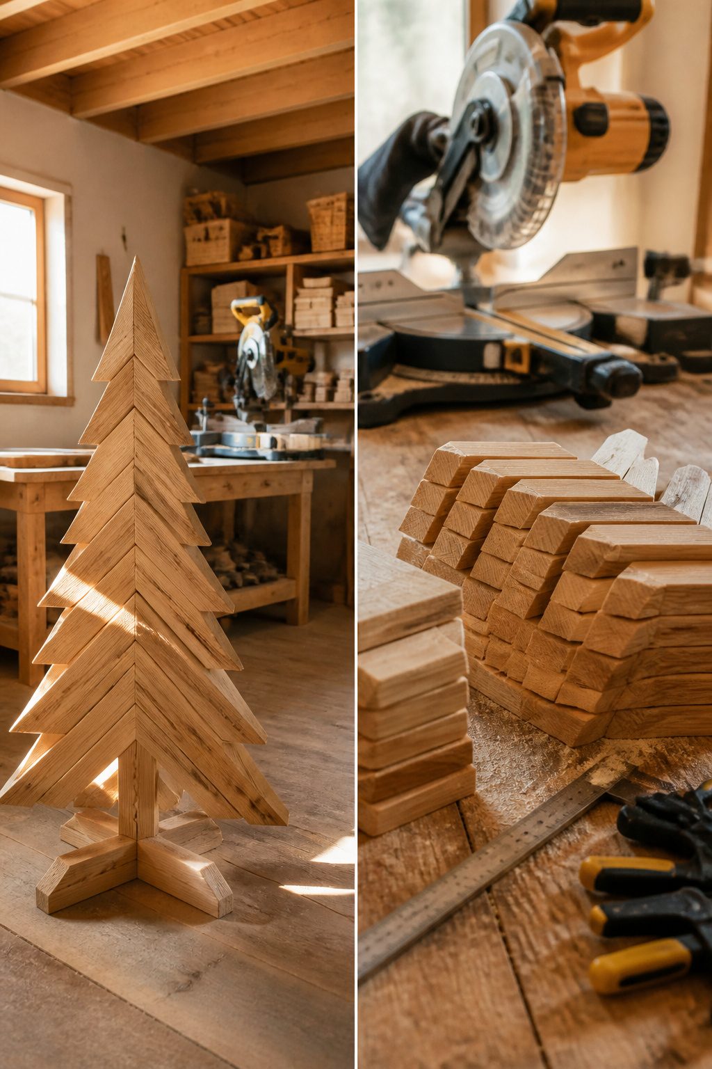 Wood pieces with 30-degree and 45-degree cuts for tree assembly.
