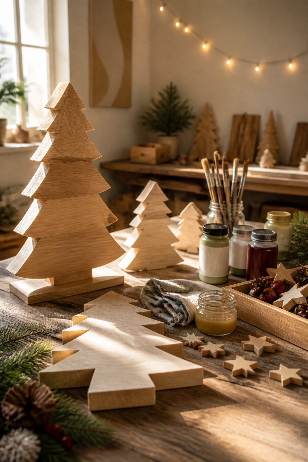 Workspace with wooden pieces, paint, and brushes for tree decoration.