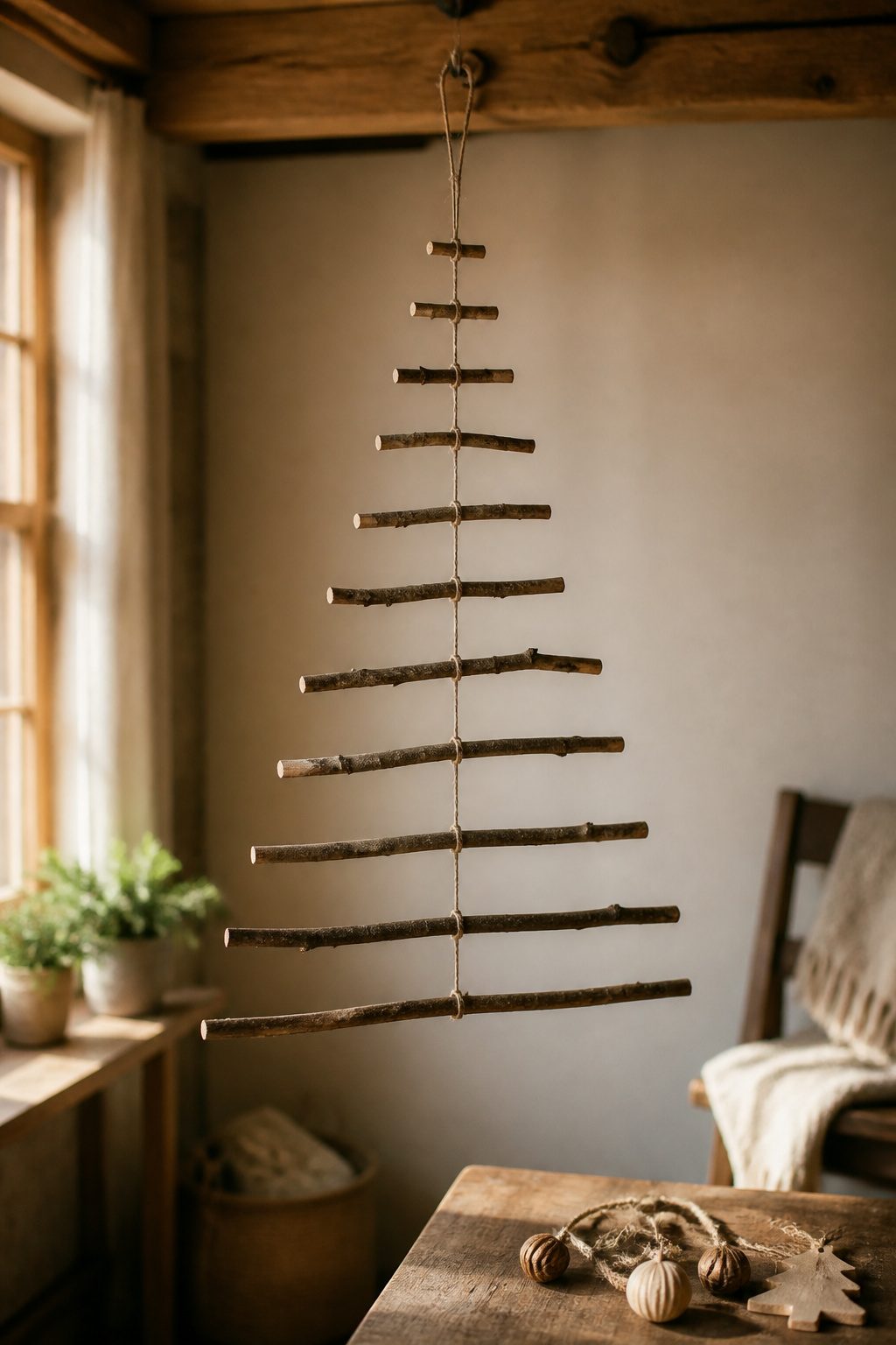 Twig Christmas tree hanging on a wall, made from thin branches.
