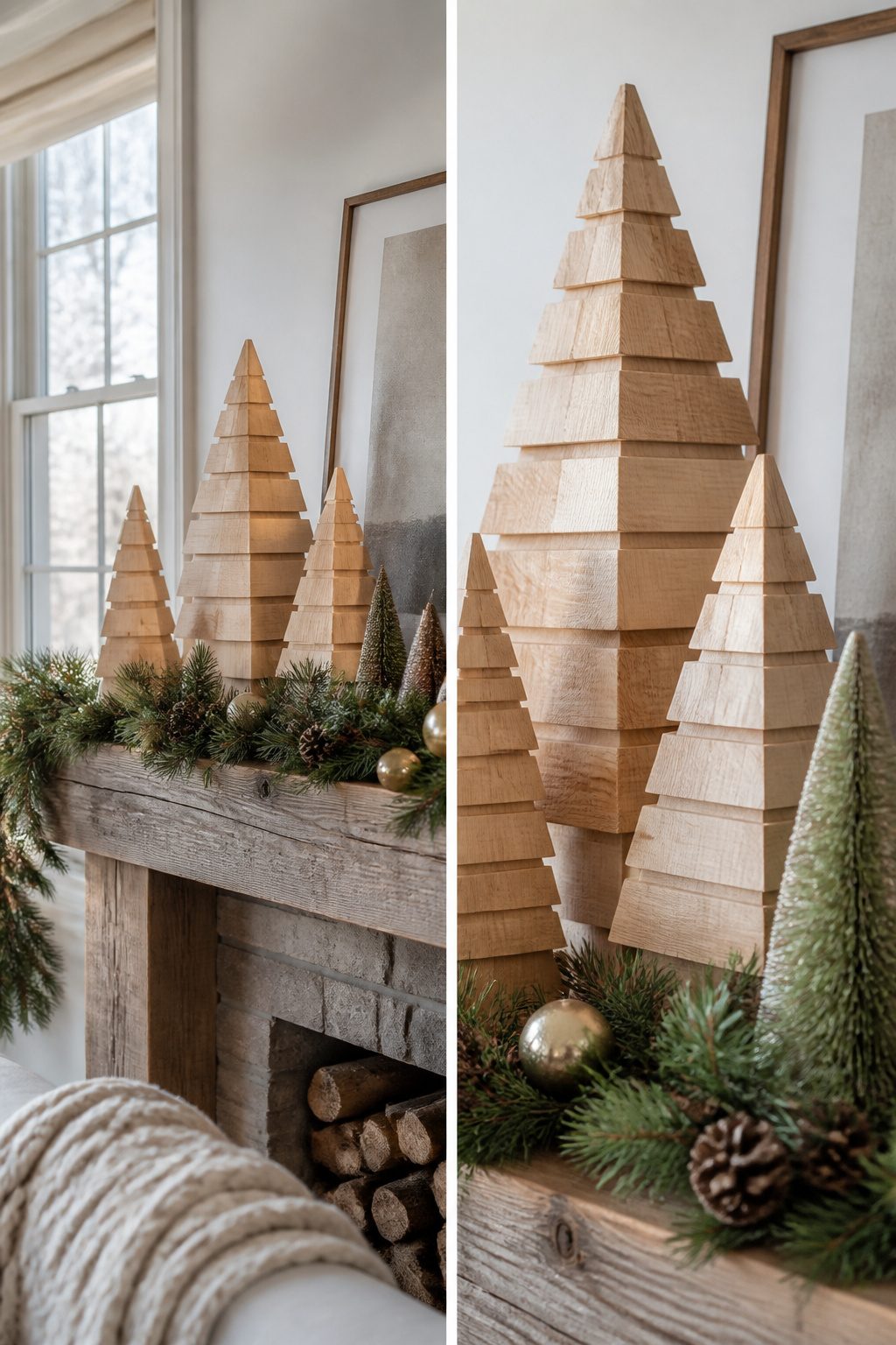 Stacked wooden trees of varying heights nested together.