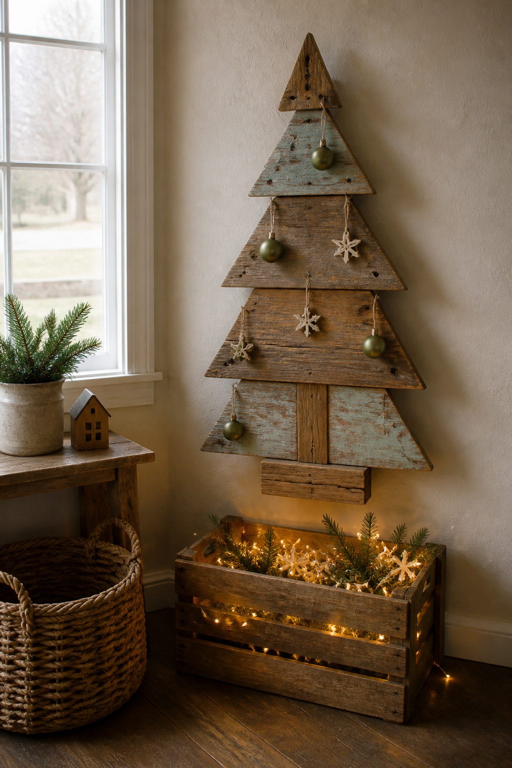Reclaimed wood Christmas tree with a weathered finish against a wall.