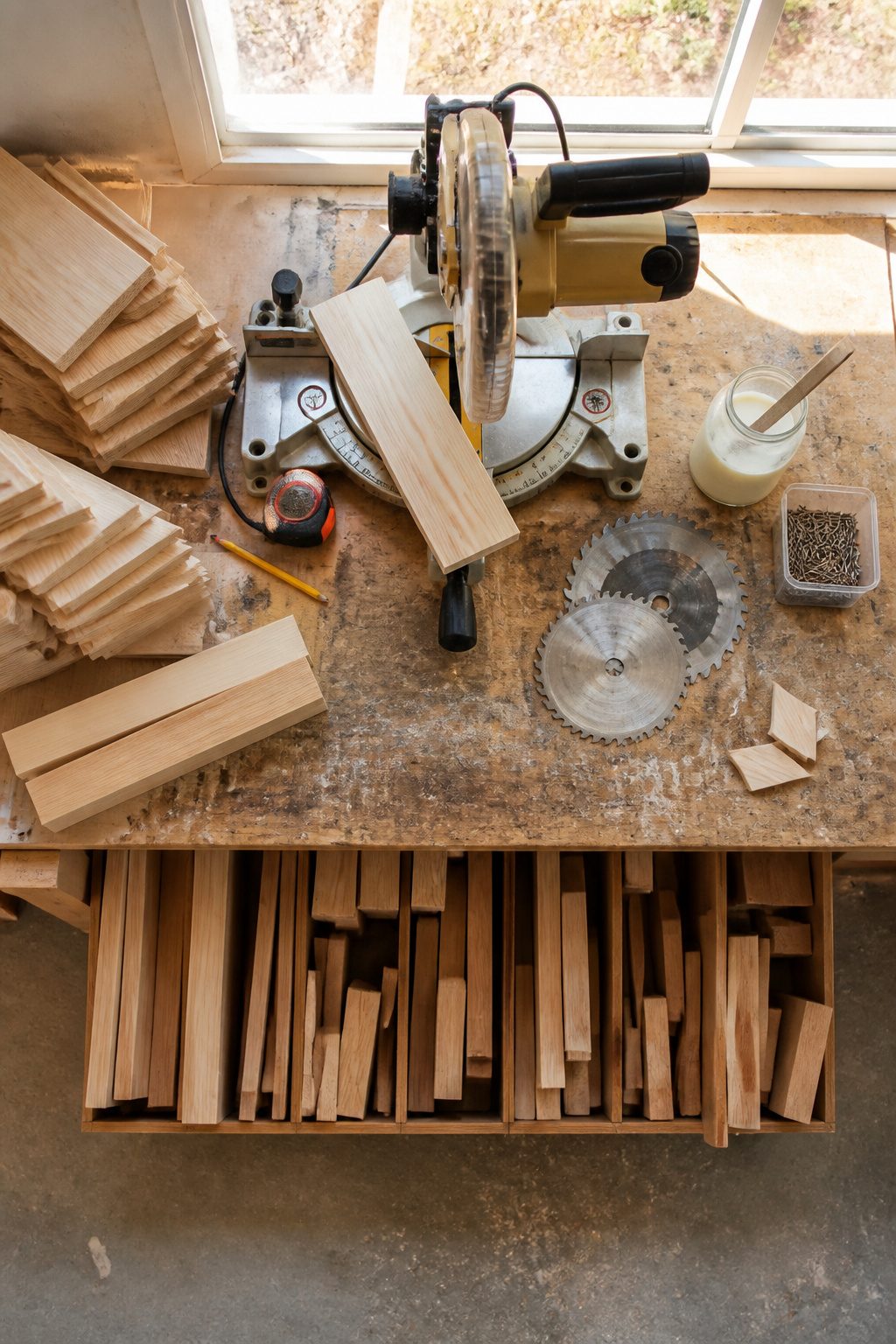 Miter saw on a workbench, ready for cutting wood.