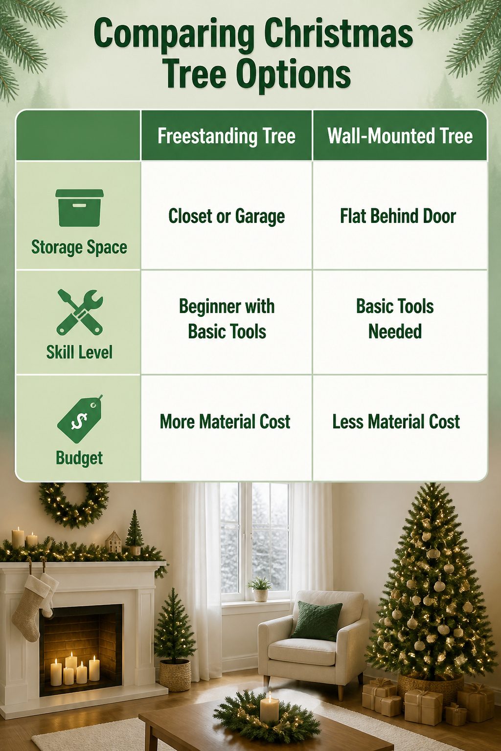 Comparison of different Christmas tree options based on storage and skill.