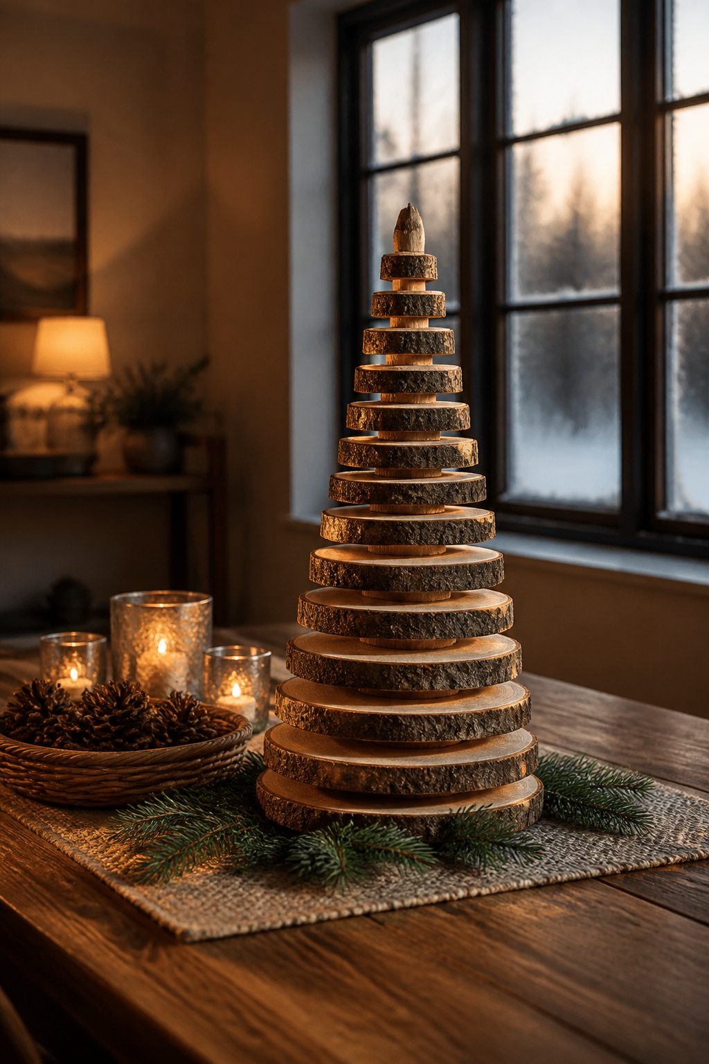 Wood slice Christmas tree made from cross-cut branch slices.