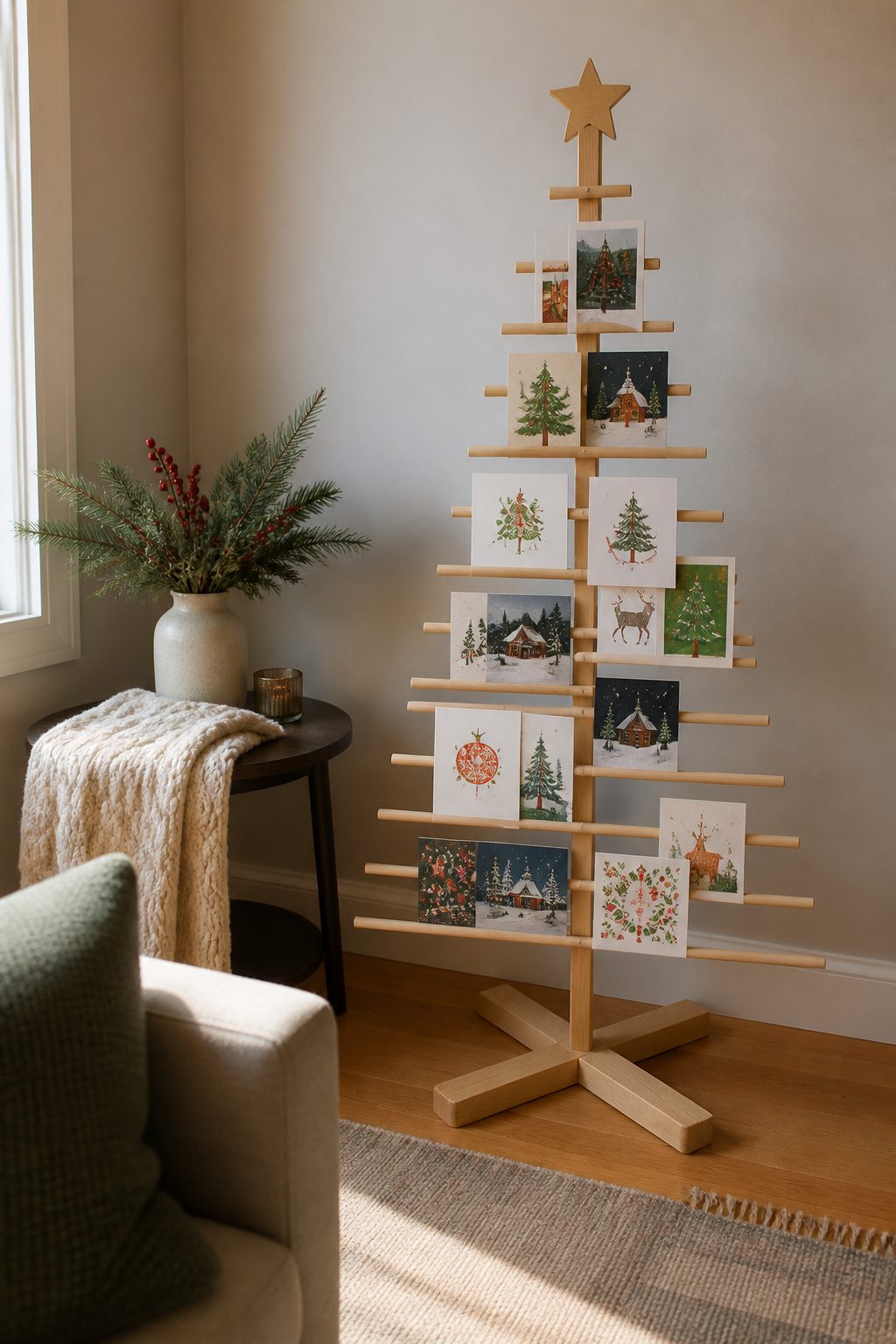 Freestanding wooden card holder for displaying Christmas cards.